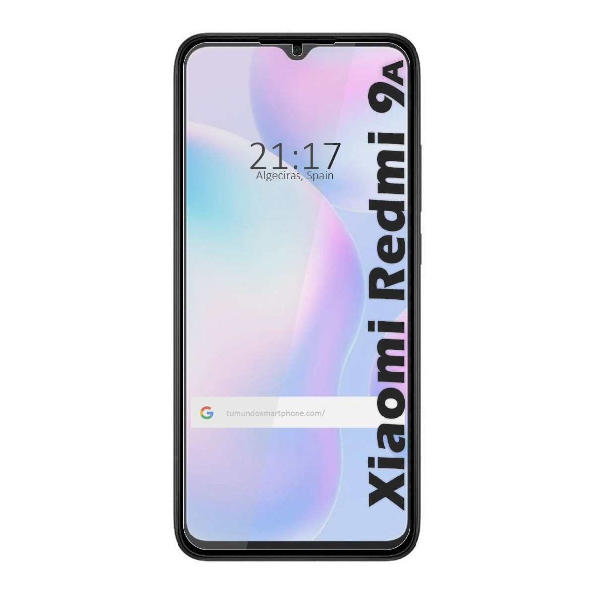 Uno smartphone che mostra l'ora, la posizione e una barra di ricerca. Il telefono è Xiaomi Redmi 9A.