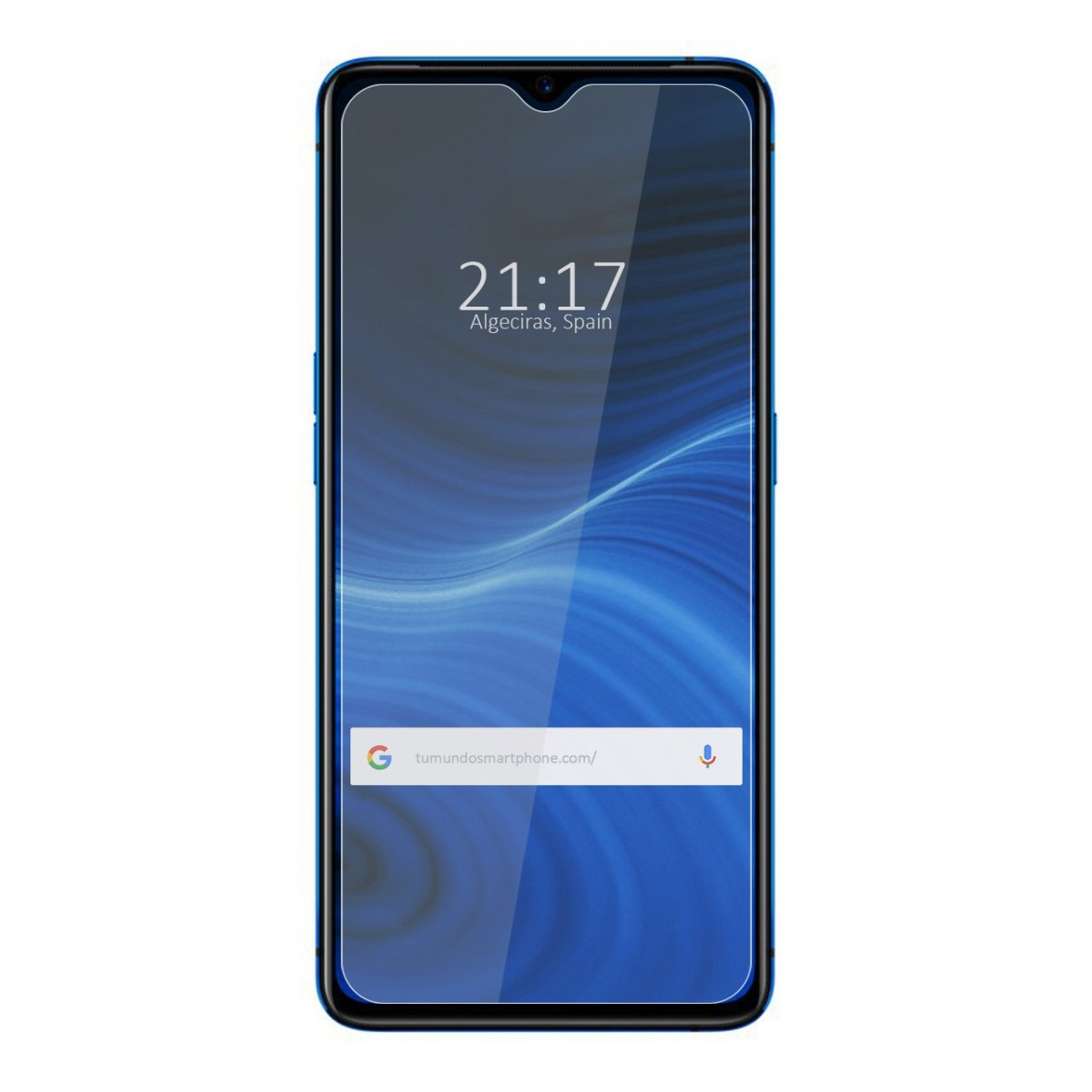 Smartphone que muestra la hora y la barra de búsqueda de Google. Teléfono azul con fondo azul.