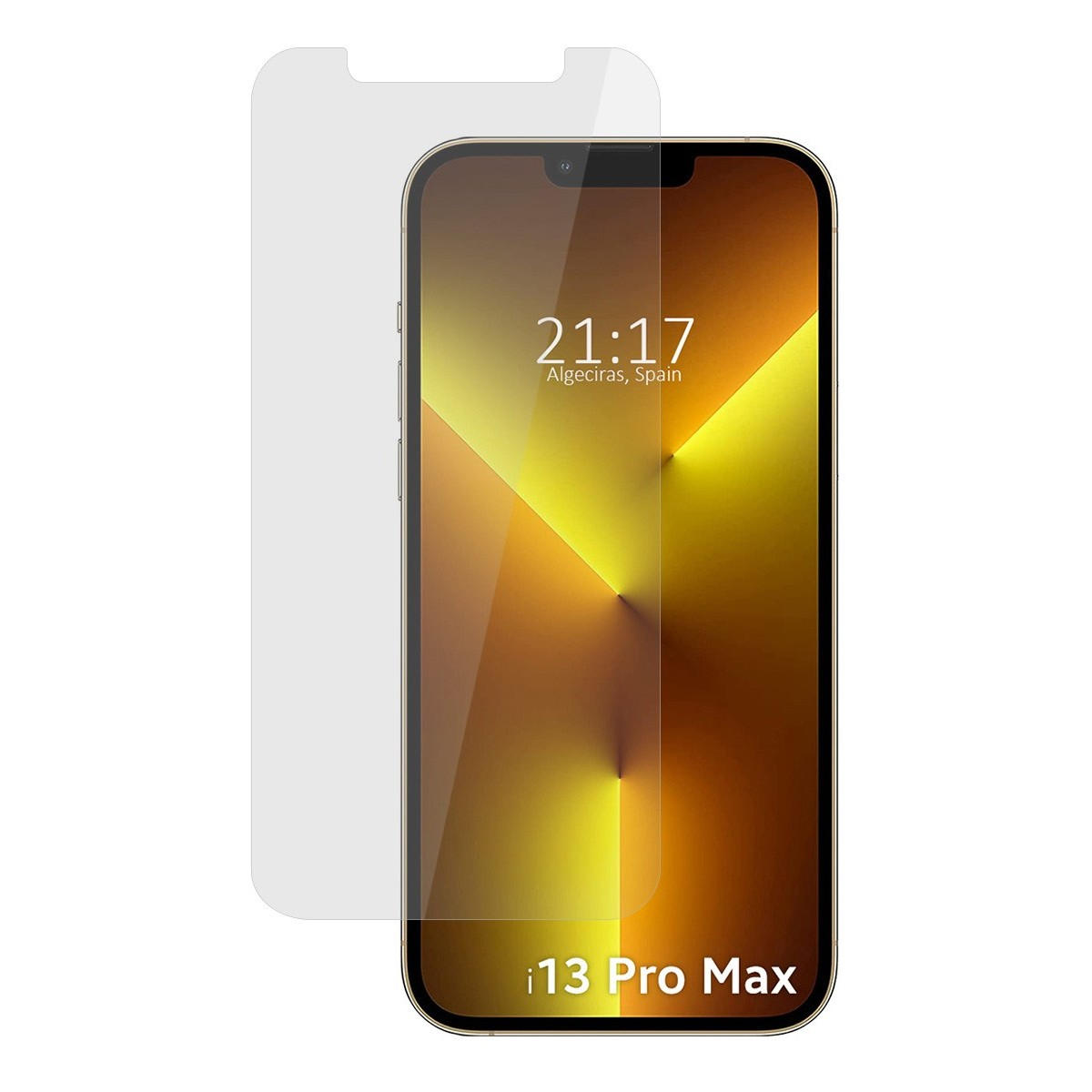 Smartphone con protezione schermo, mostra ora e luogo. Ha una sfumatura oro-gialla.