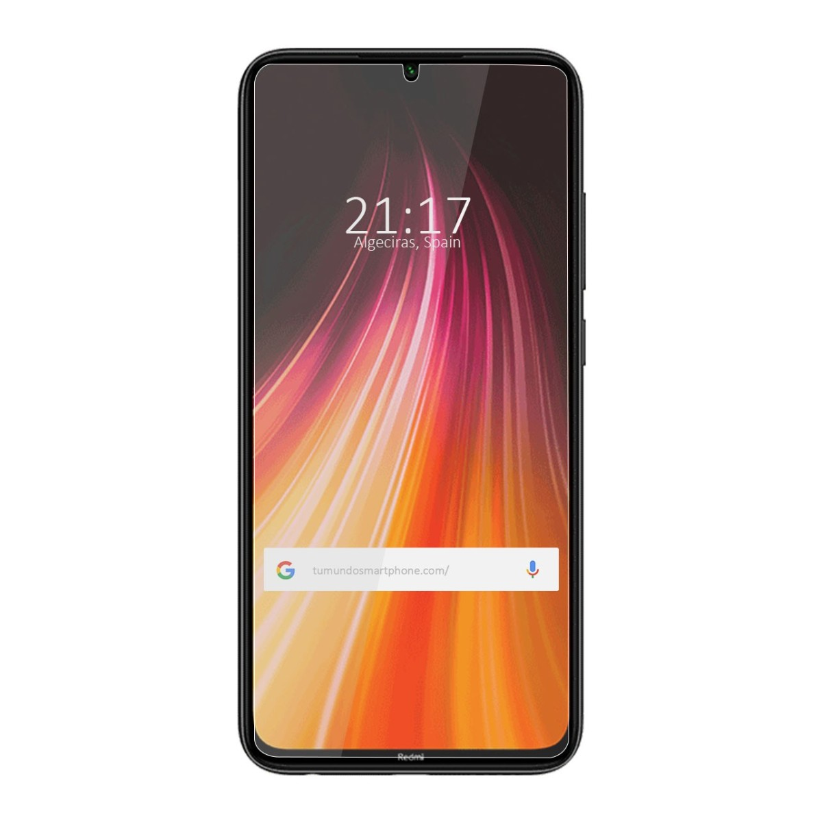 Telefono nero con l'ora 21:17 sullo schermo. La posizione è Algeciras, Spagna. Il telefono è Redmi.