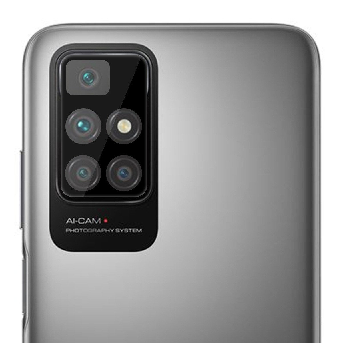 Parte trasera de smartphone mostrando cámara con cuatro lentes y sistema AI-CAM.