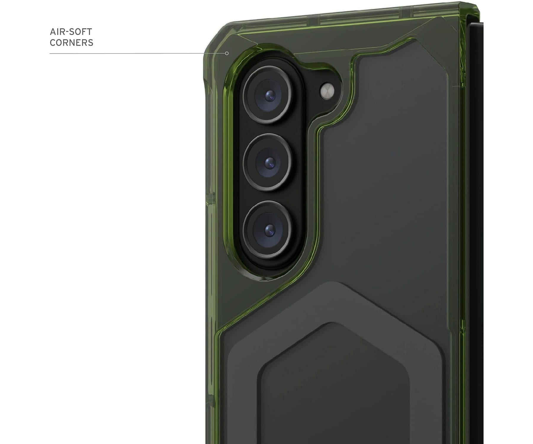 Een telefoonhoesje met een groen frame en drie camera's. De hoes heeft versterkte hoeken.