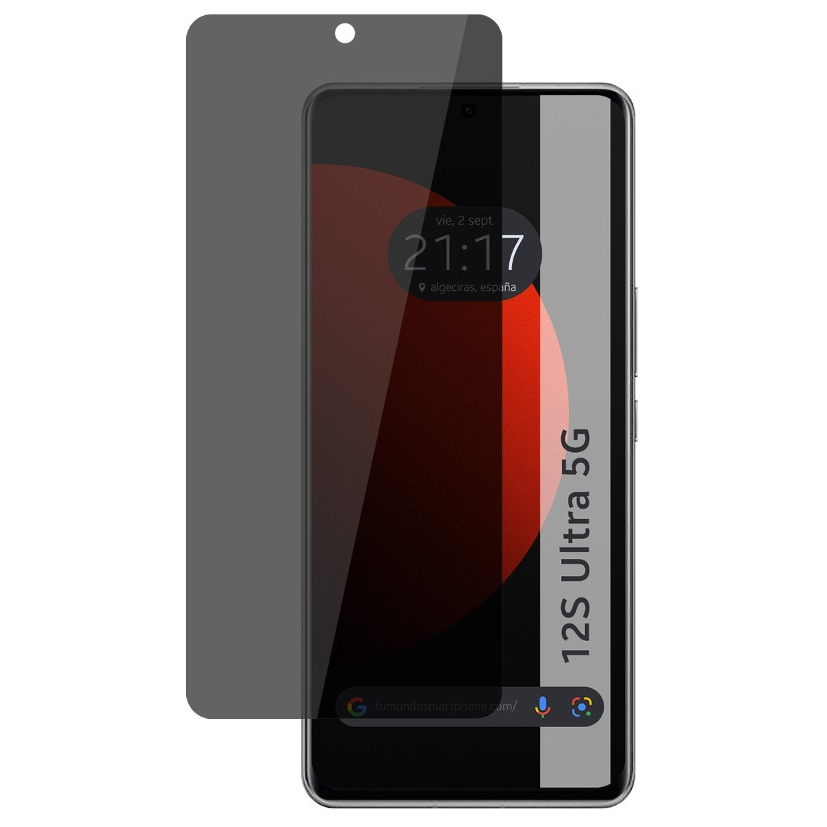 Uno smartphone con protezione schermo, mostra ora e data. Il telefono è nero e dice 12S Ultra 5G.