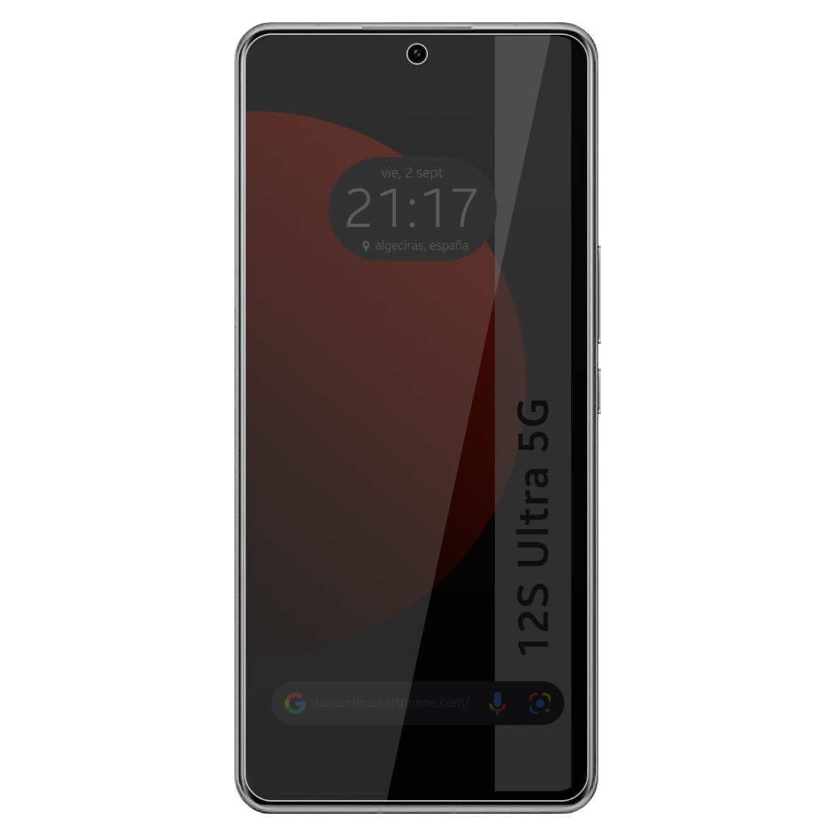 Lo schermo del telefono mostra ora e data con una sfumatura rossa. Cornice nera, sfondo bianco.