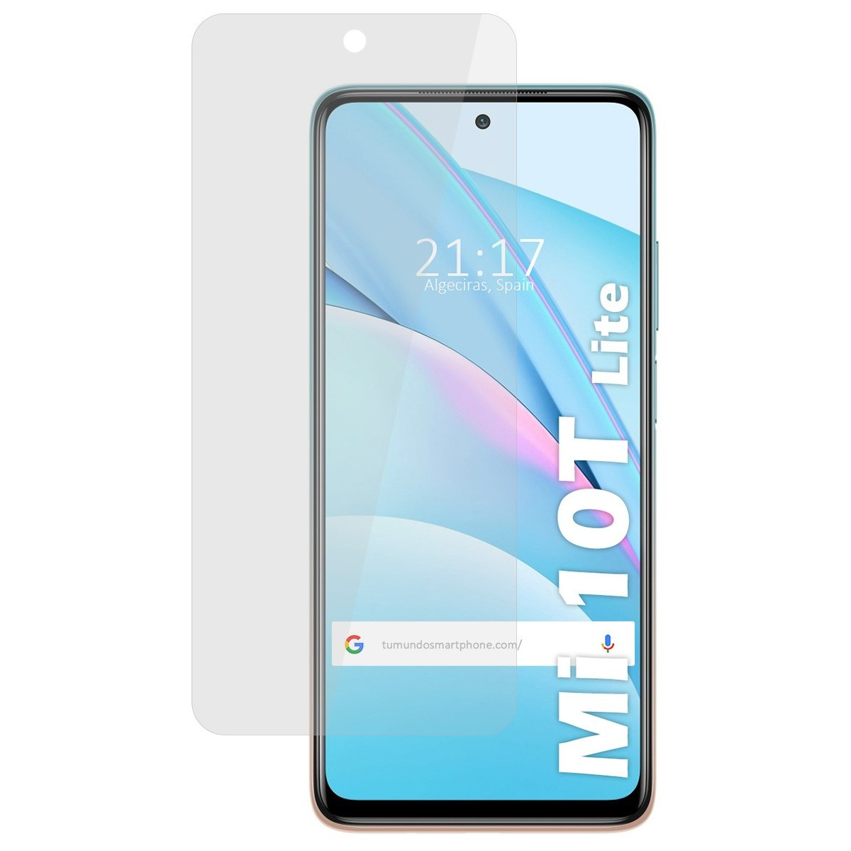 Smartphone con protezione schermo mostra ora, posizione e barra di ricerca. Il telefono è su una superficie bianca.