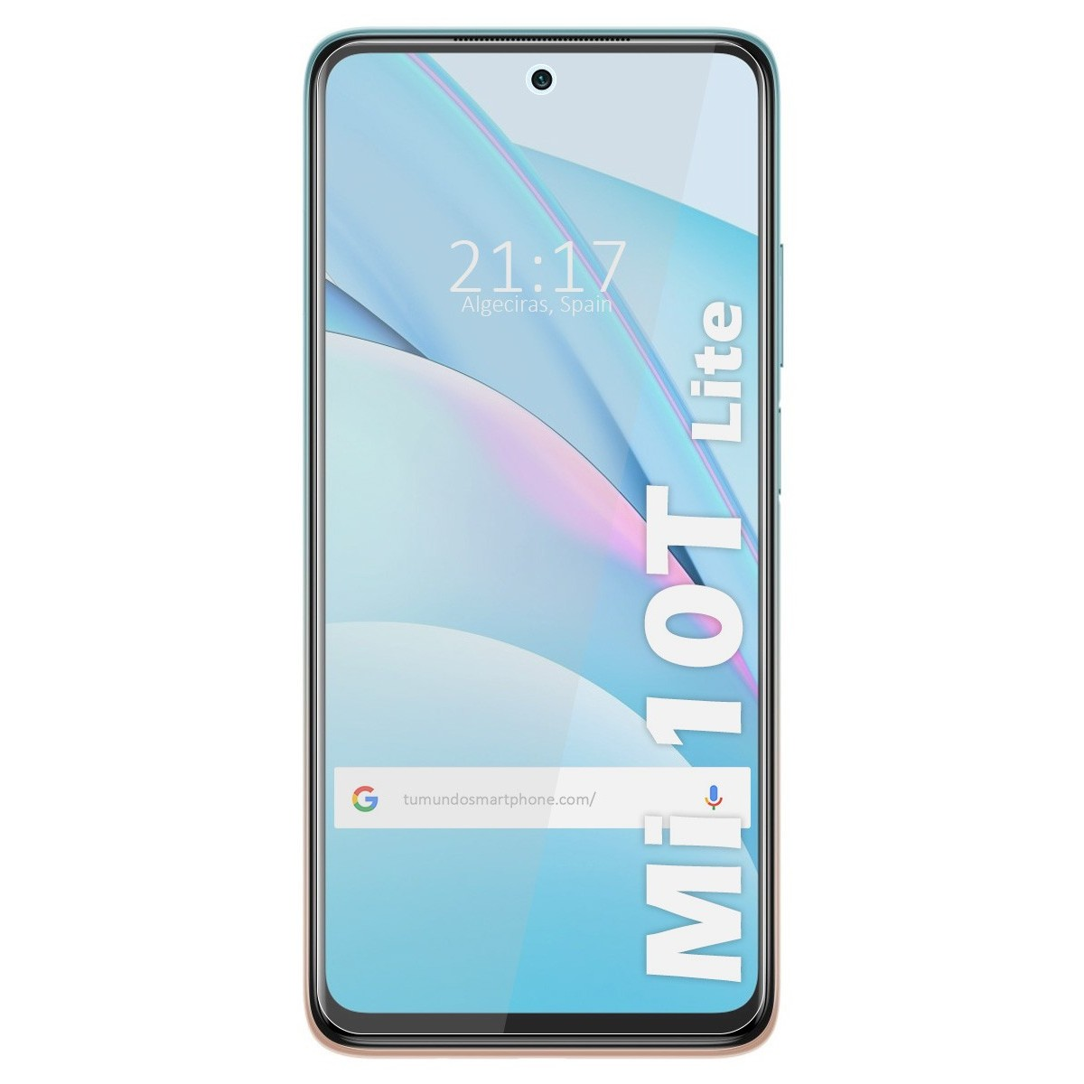 Il telefono mostra ora e data. Il telefono è bianco con cornice blu. Il modello è Mi 10T Lite.
