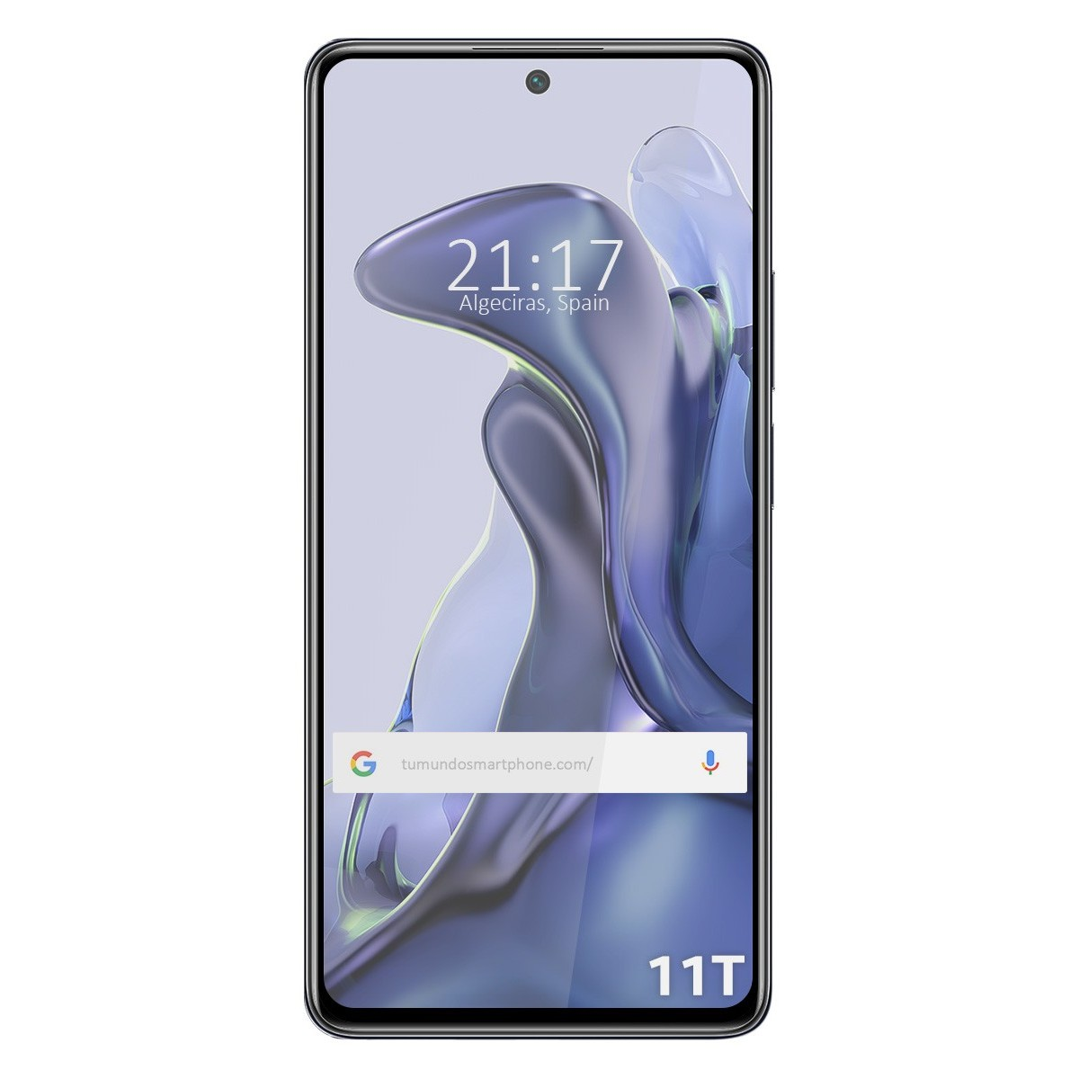Smartphone con schermo che mostra ora, posizione e barra di ricerca.