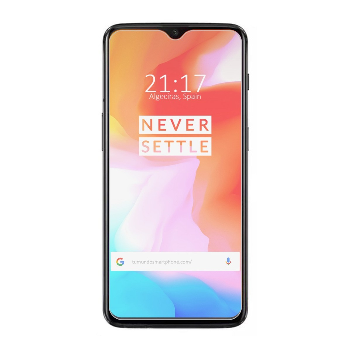 Teléfono que muestra texto. El teléfono es negro. El fondo es naranja y blanco.