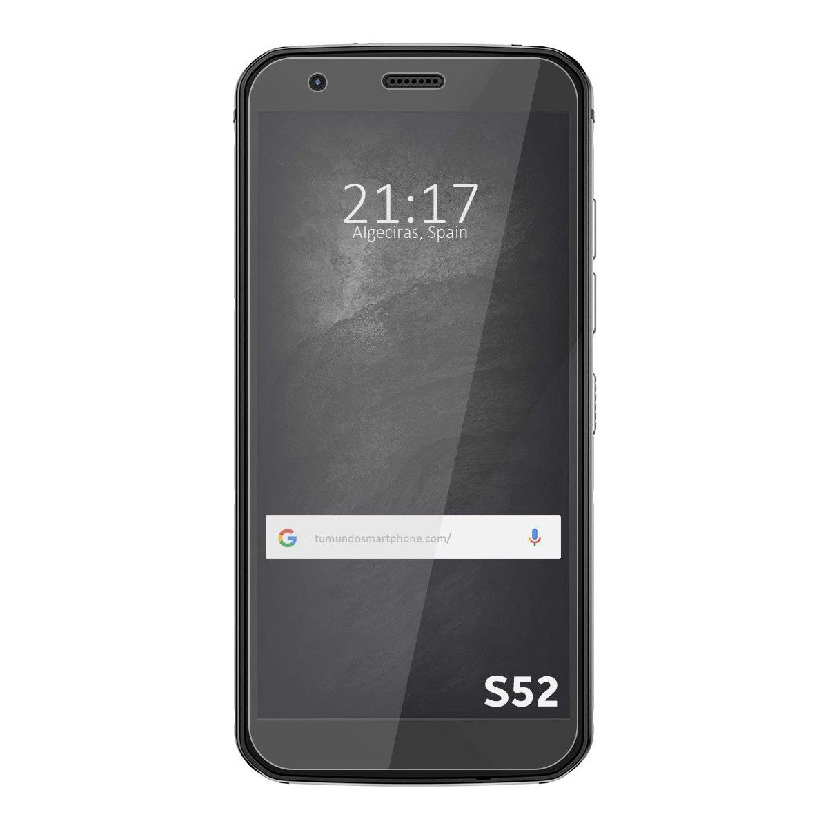 Smartphone mostrando la hora y una barra de búsqueda. El modelo es S52.