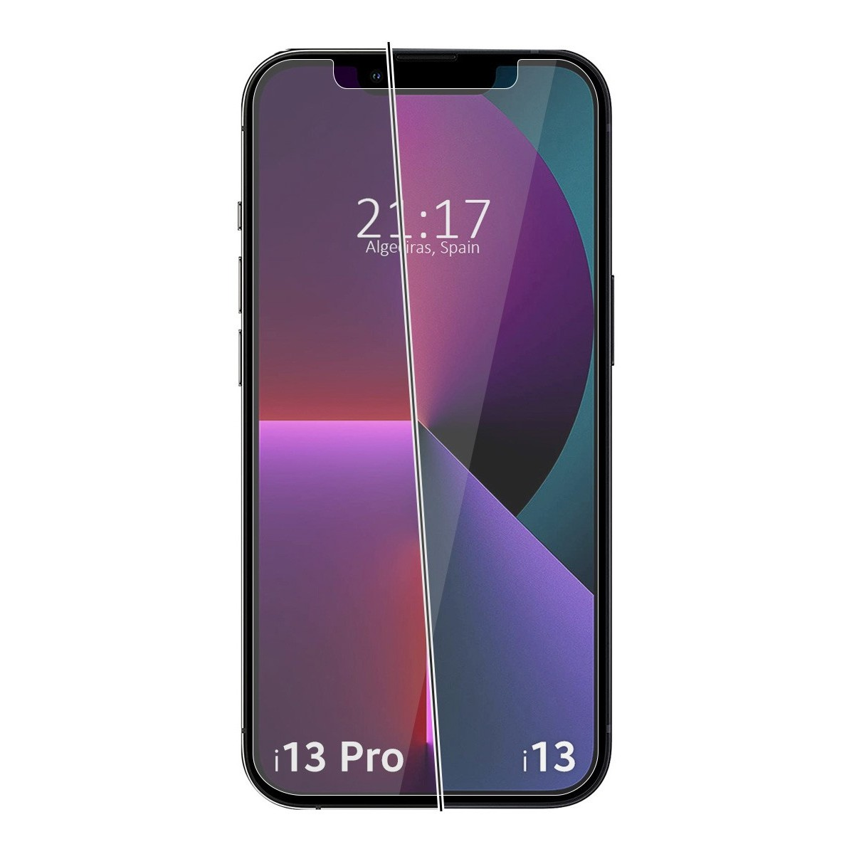 Smartphone con protezione schermo, che mostra l'ora. Il telefono è nero con testo bianco.