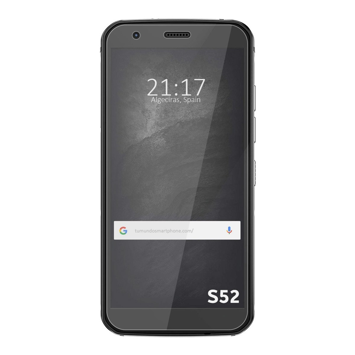 Un smartphone negro muestra la hora y una barra de búsqueda de Google. El teléfono está etiquetado como S52.
