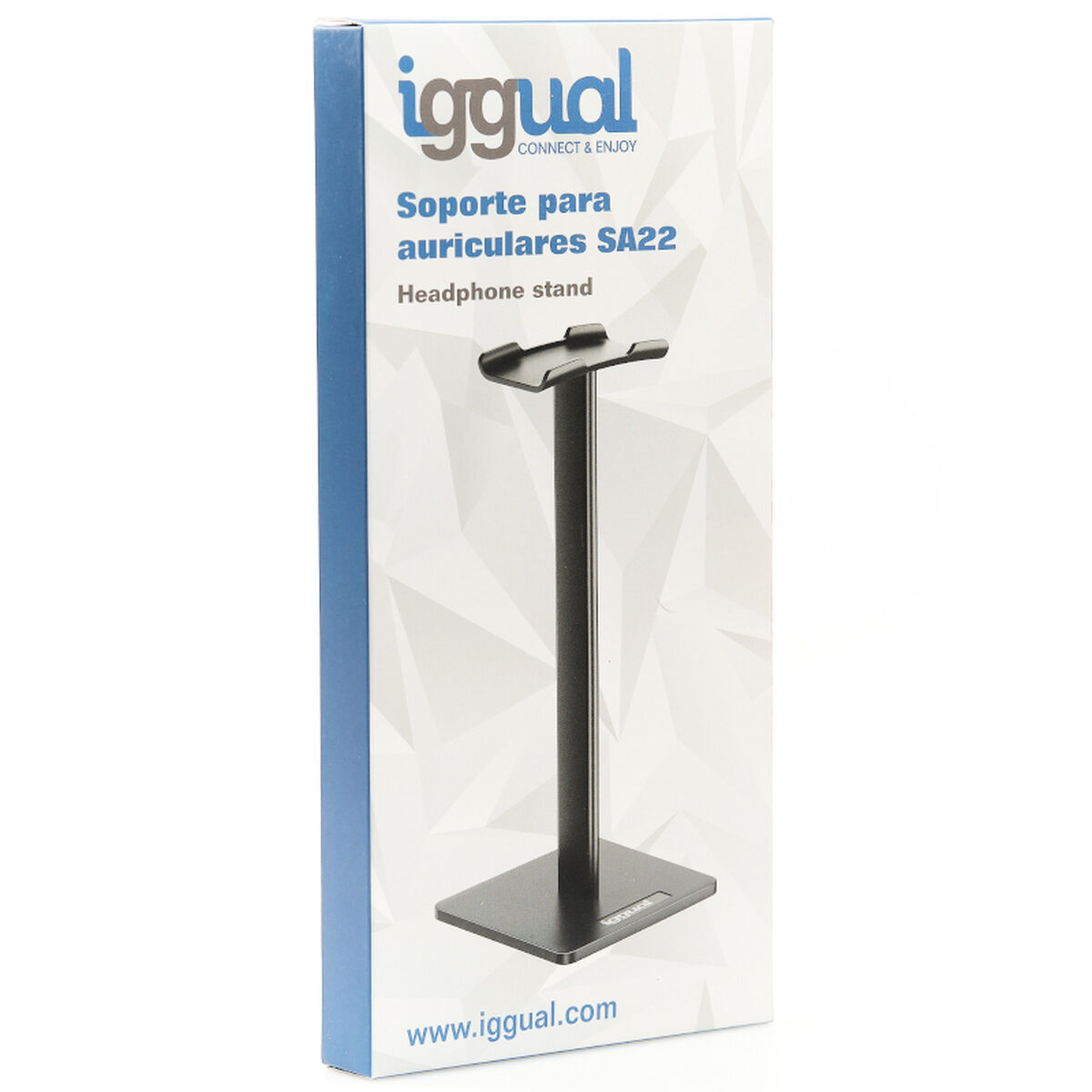 Un soporte para auriculares en una caja, etiquetado con el nombre de la marca y la descripción del producto.