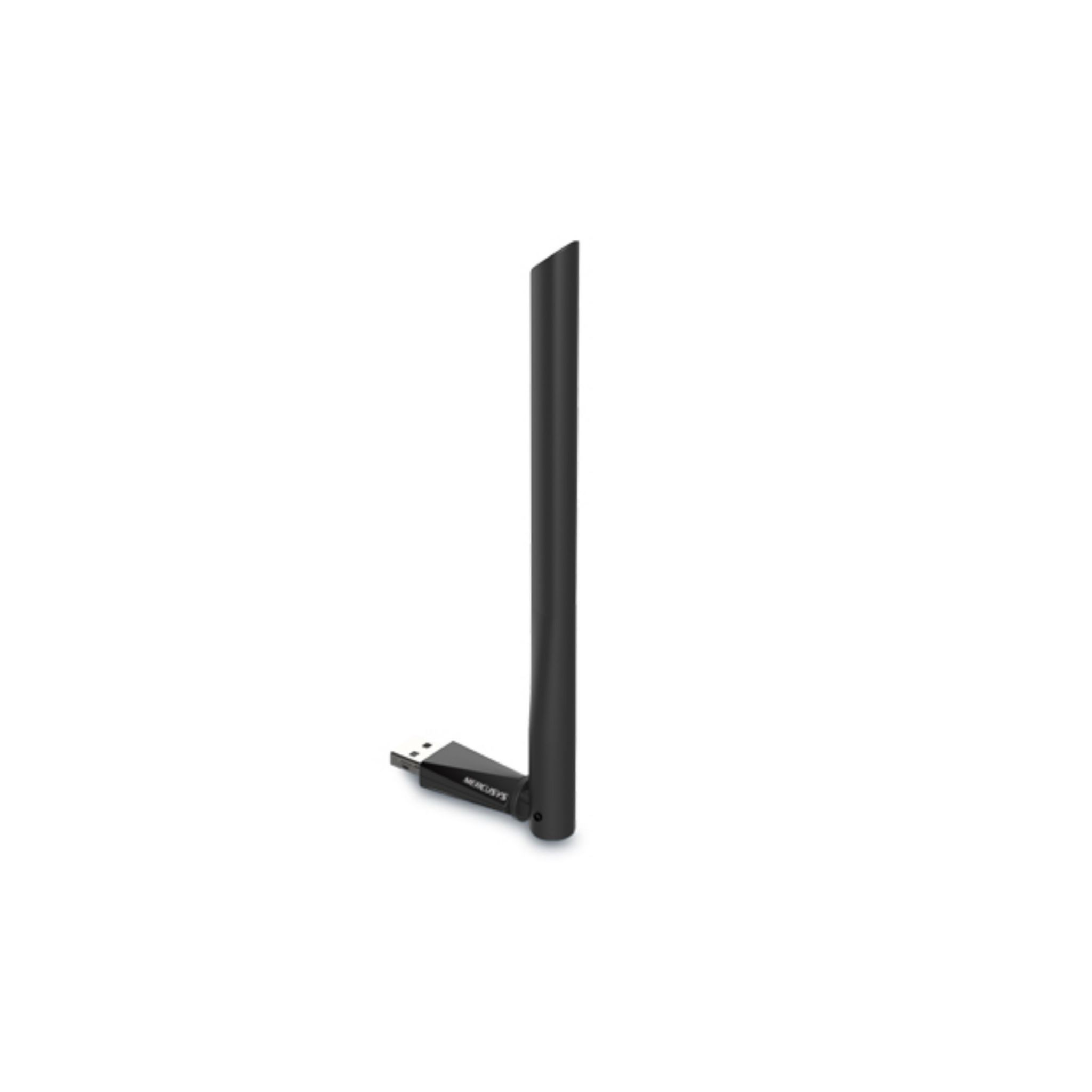 Antena WiFi USB negra sobre fondo blanco, de pie.