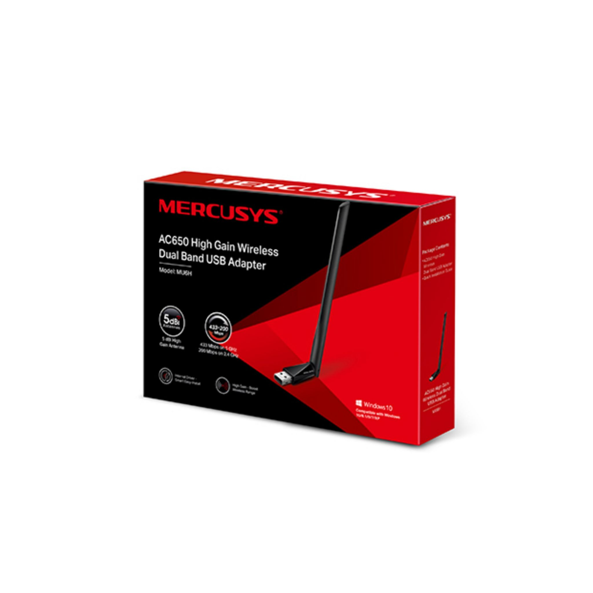Una caja roja y negra de Mercusys que muestra un adaptador USB de banda dual inalámbrico de alta ganancia.