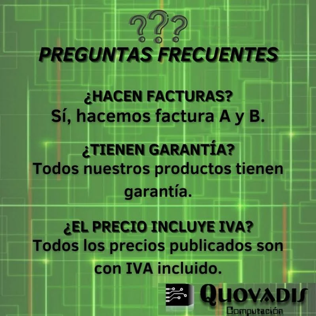 Un fondo verde con texto en español, respondiendo preguntas comunes sobre facturas y garantía.