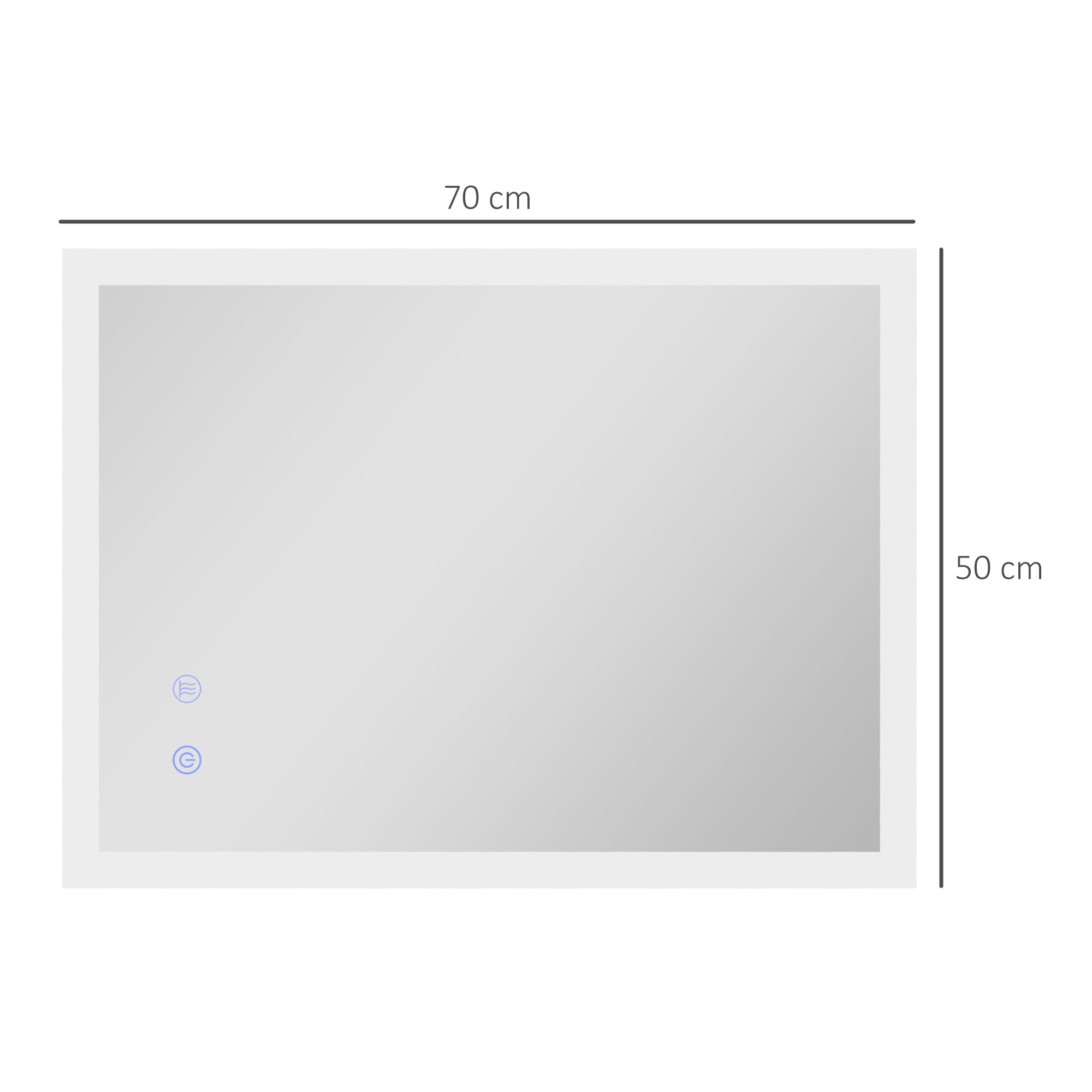 Espejo rectangular con dimensiones etiquetadas. Dos botones táctiles a la izquierda.