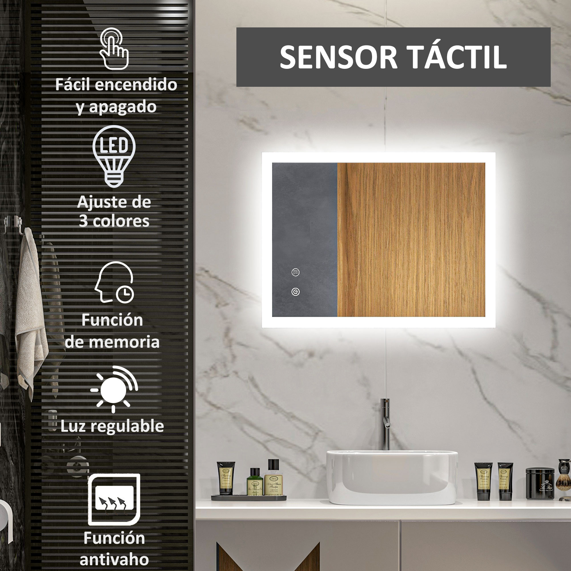 Espejo de baño con sensor táctil, iconos y panel de madera.