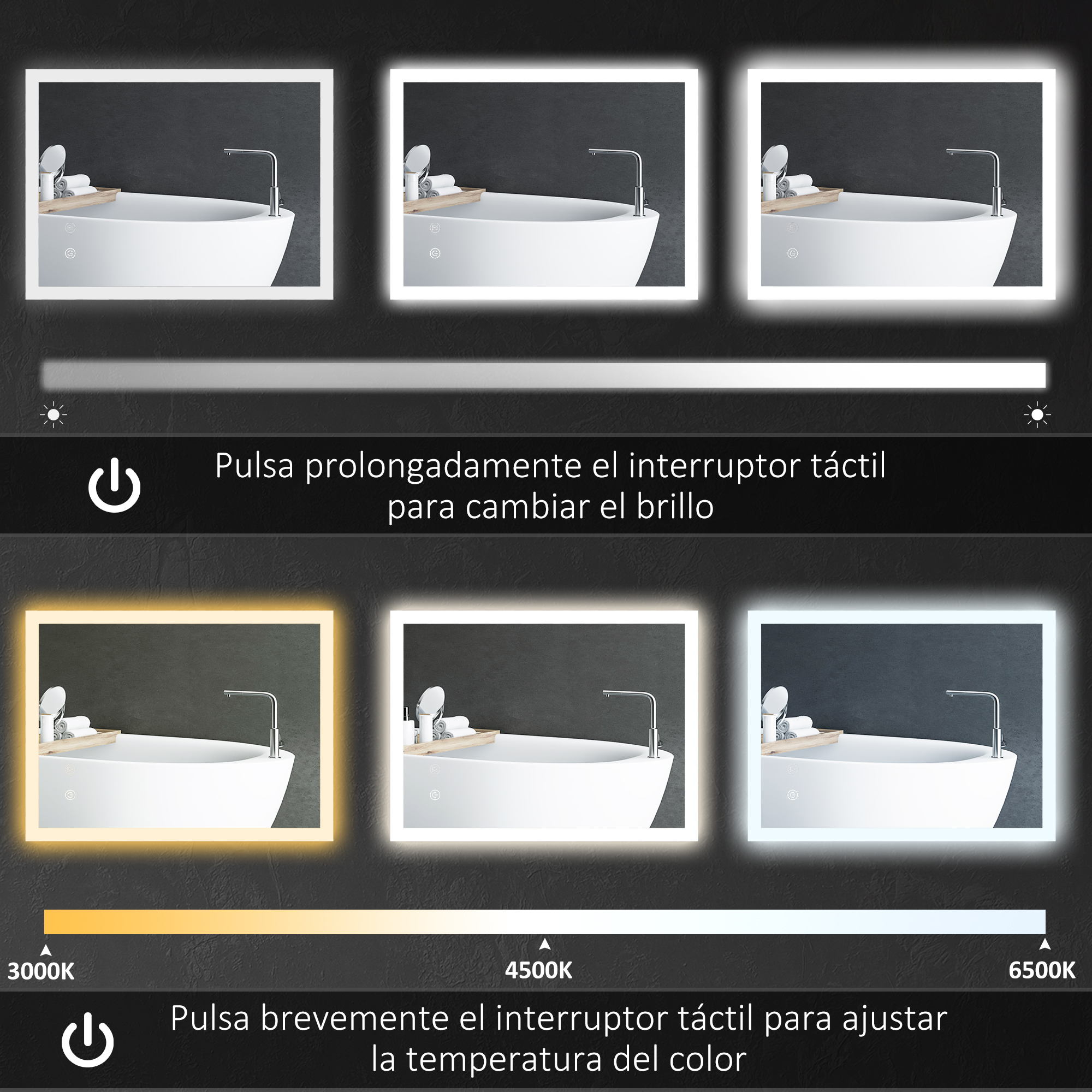 Tres espejos cuadrados iluminados con instrucciones de texto. Abajo, escala de temperatura de color, con un icono de encendido/apagado.