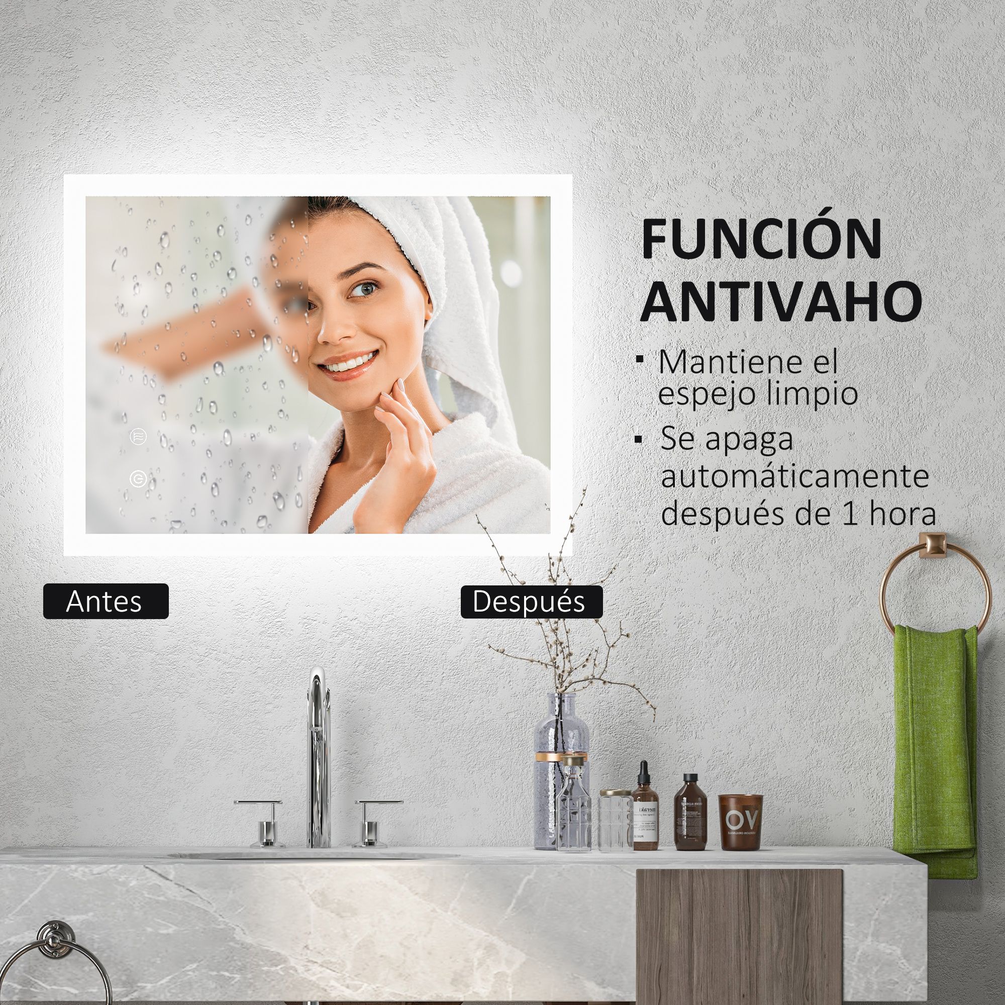 Una mujer sonríe en un espejo con vapor, junto a un lavabo, con texto sobre la función antivaho.
