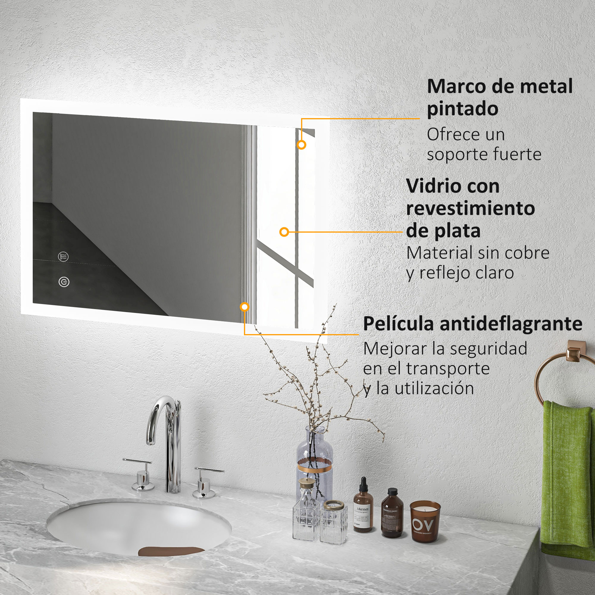 Escena de baño con espejo, lavabo y artículos de aseo. Texto indica características.