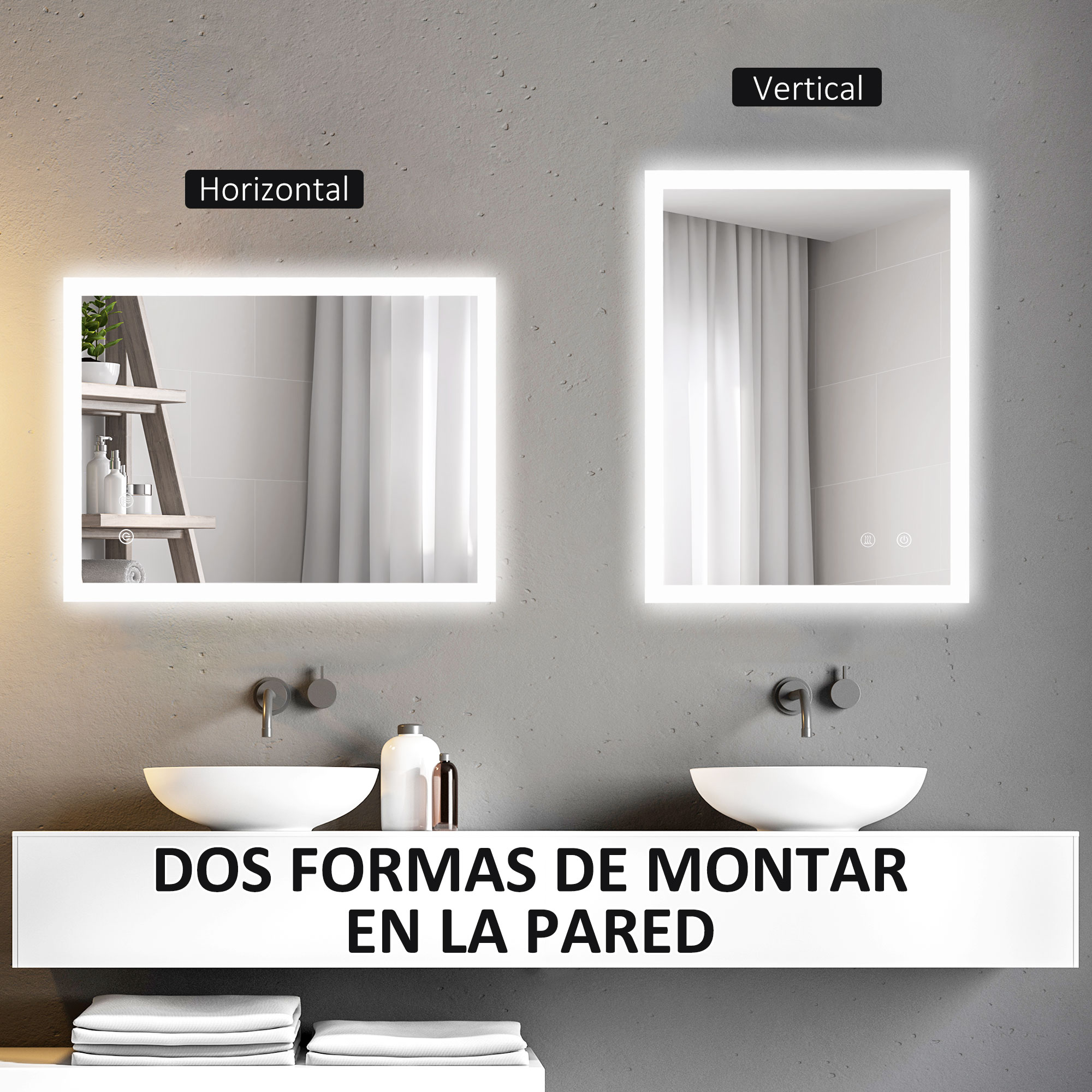 Dos espejos iluminados sobre lavabos. Uno horizontal, uno vertical. Texto: DOS FORMAS DE MONTAR EN LA PARED.