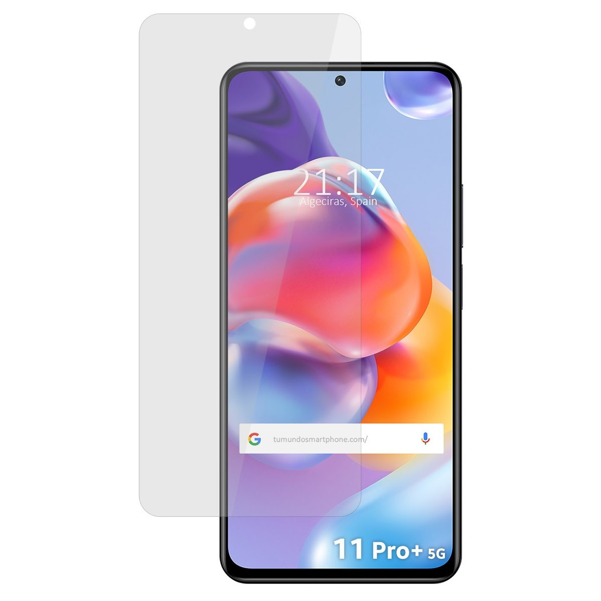 Schermo di smartphone con ora, data e testo '11 Pro+ 5G'. Pellicola protettiva sullo schermo.
