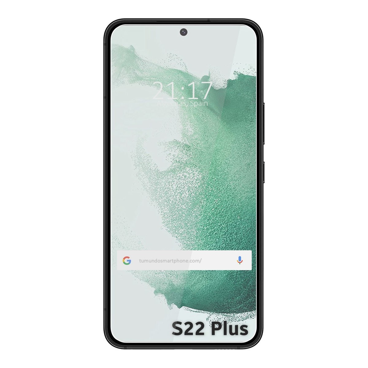 Uno smartphone nero mostra ora e posizione. C'è una barra di ricerca in basso e le parole S22 Plus.