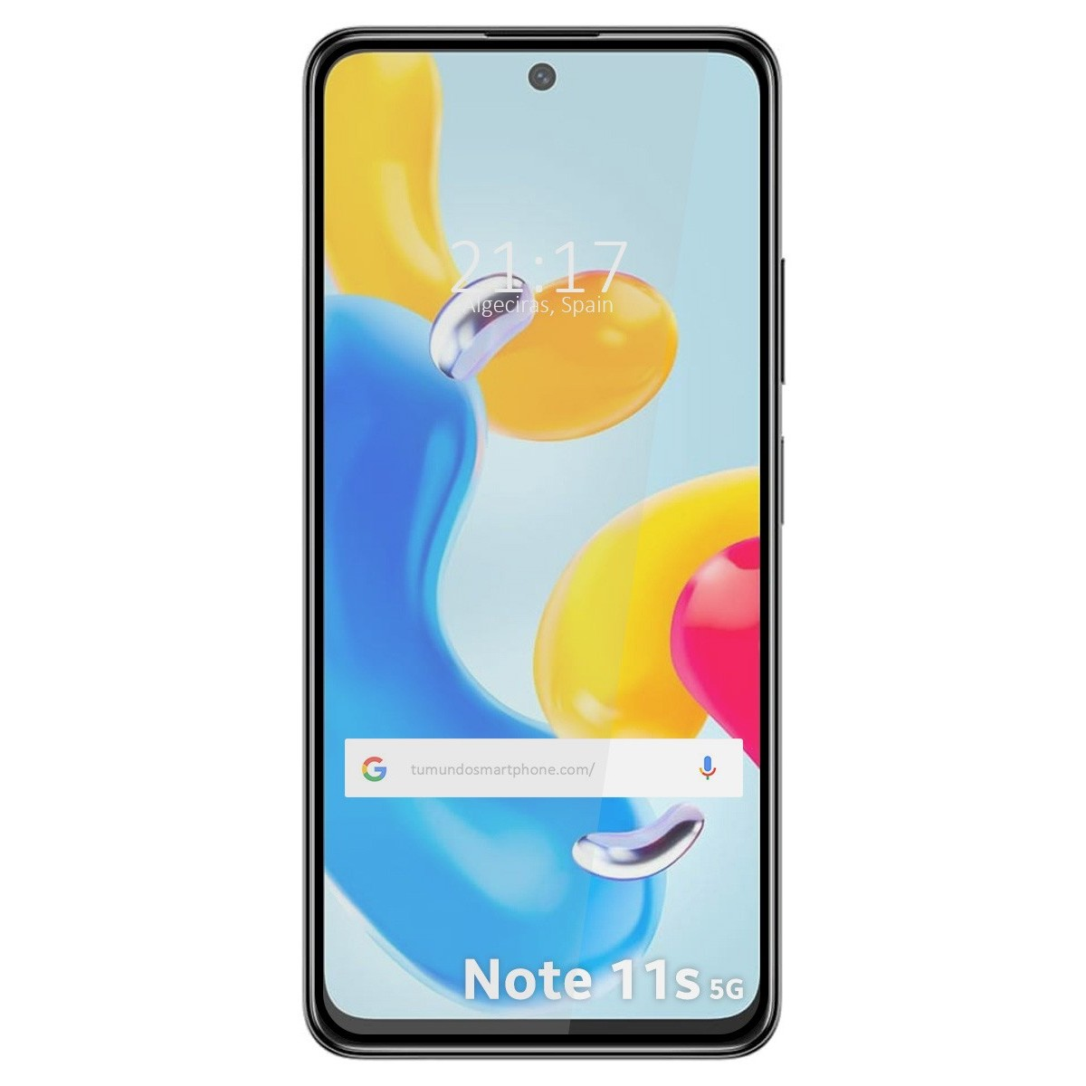 Smartphone mostra ora, posizione e sfondo colorato con forme gialle, rosse e blu. Note 11S 5G.