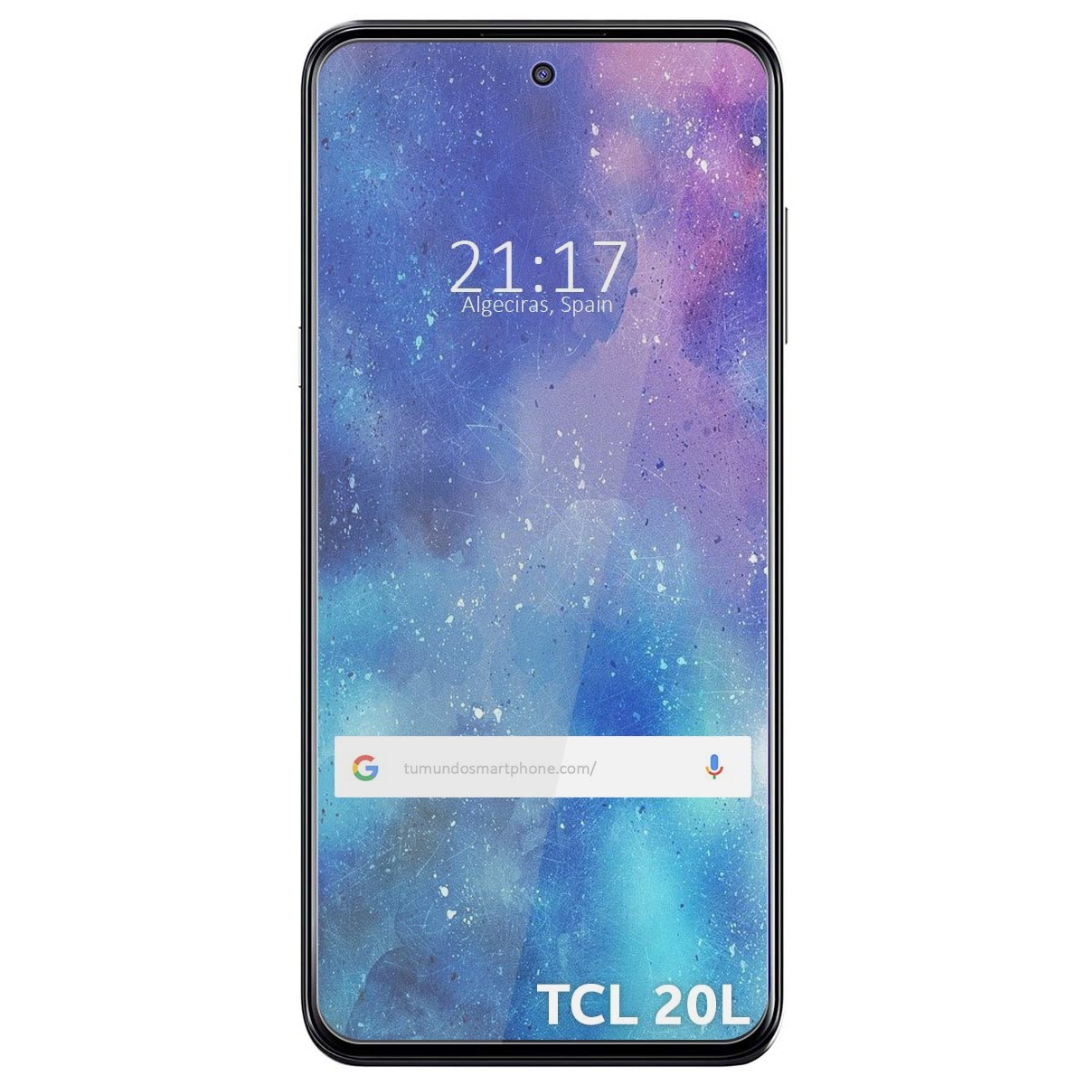 La pantalla del teléfono muestra la hora, la ubicación y una barra de búsqueda. Tiene un fondo de acuarela azul y morado.