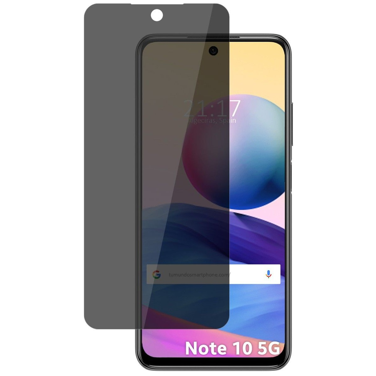 Proteggi schermo privacy nero per un telefono Note 10 5G, mostra una tinta grigio scuro sullo schermo.