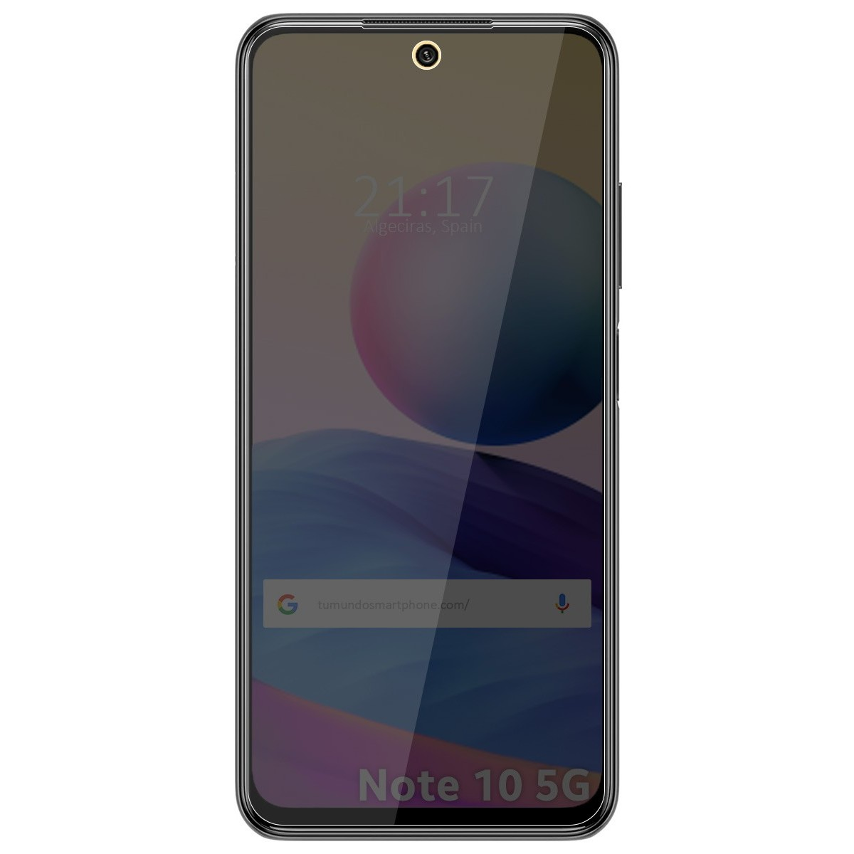 Schermo dello smartphone con una pellicola protettiva, che mostra l'ora. Il telefono è etichettato Note 10 5G.