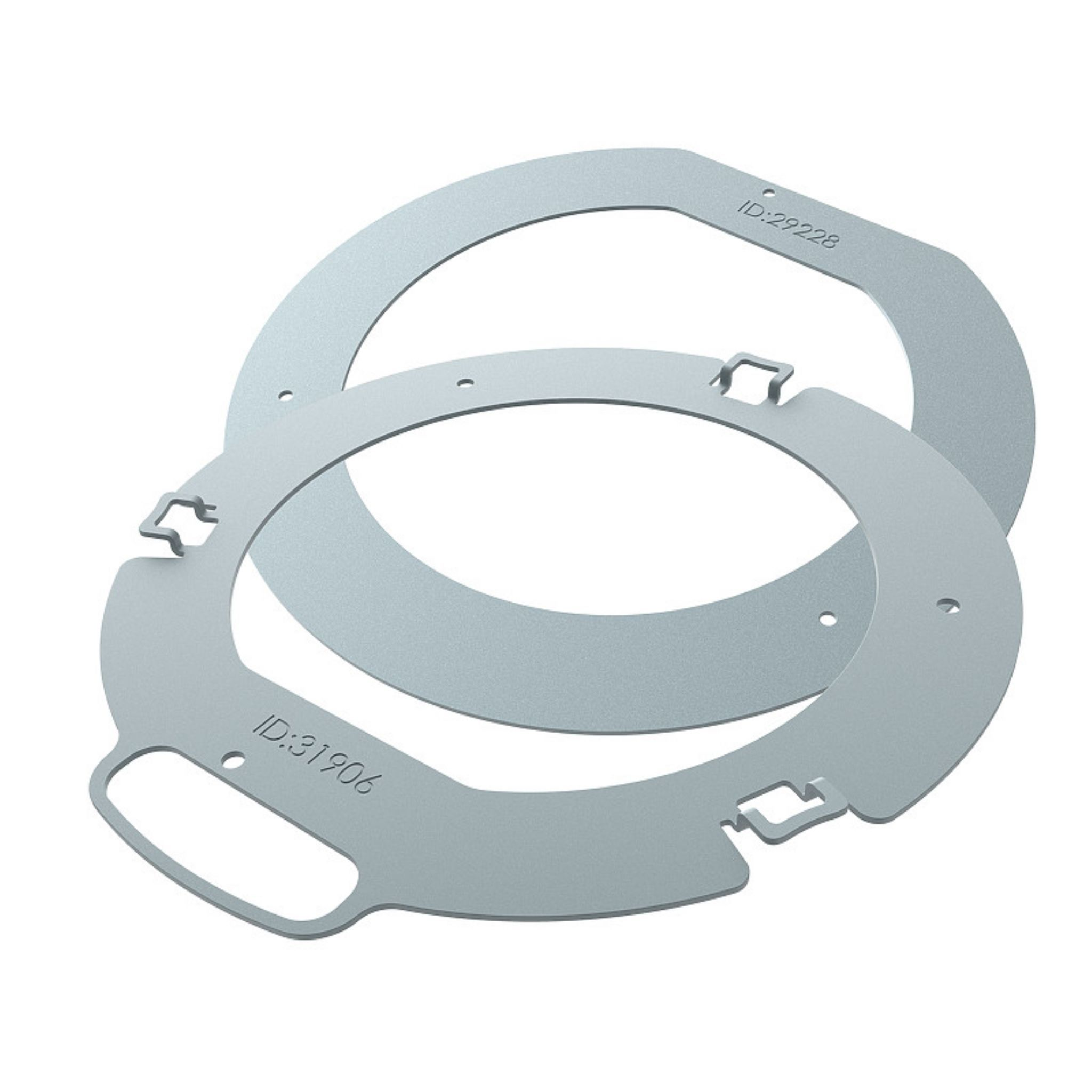 Dwa srebrne, okrągłe, metalowe pierścienie. Każdy ma inny identyfikator. Górny pierścień ma ID:29228.