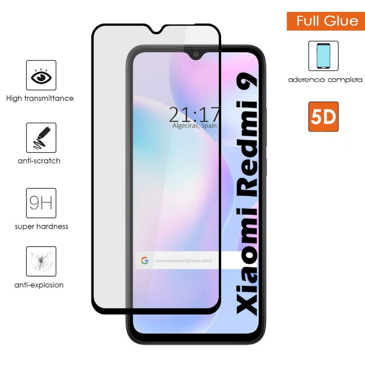 Smartphone con protezione schermo e testo. Il testo indica: alta trasmittanza, antigraffio, super durezza.