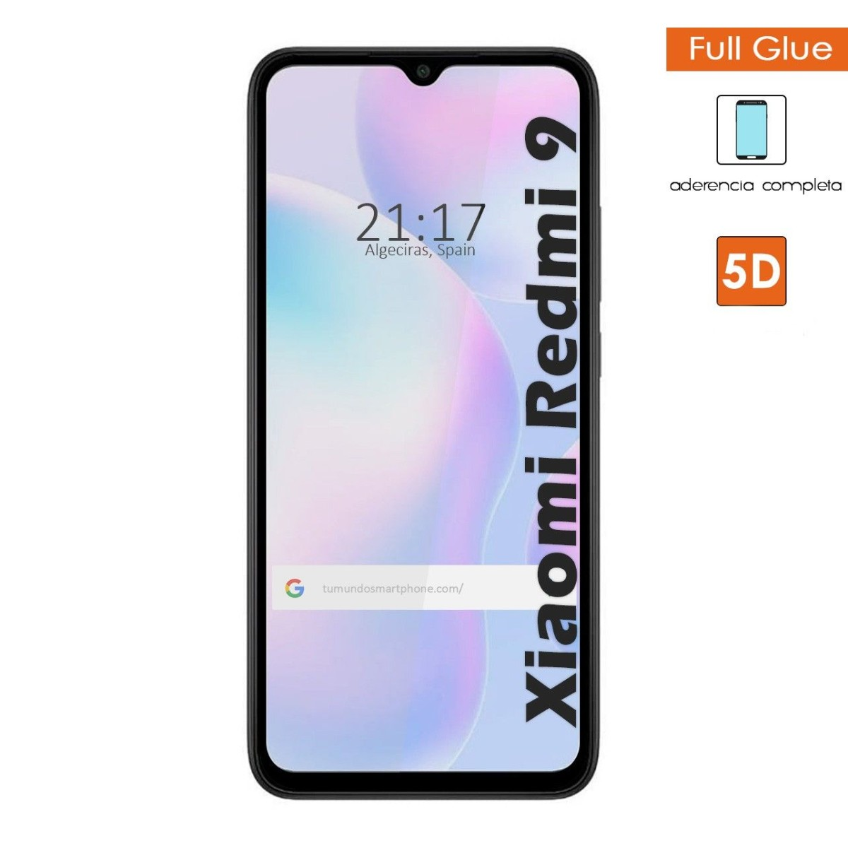 Smartphone nero con schermo bianco che mostra l'ora. 'Xiaomi Redmi 9' scritto verticalmente sul lato.
