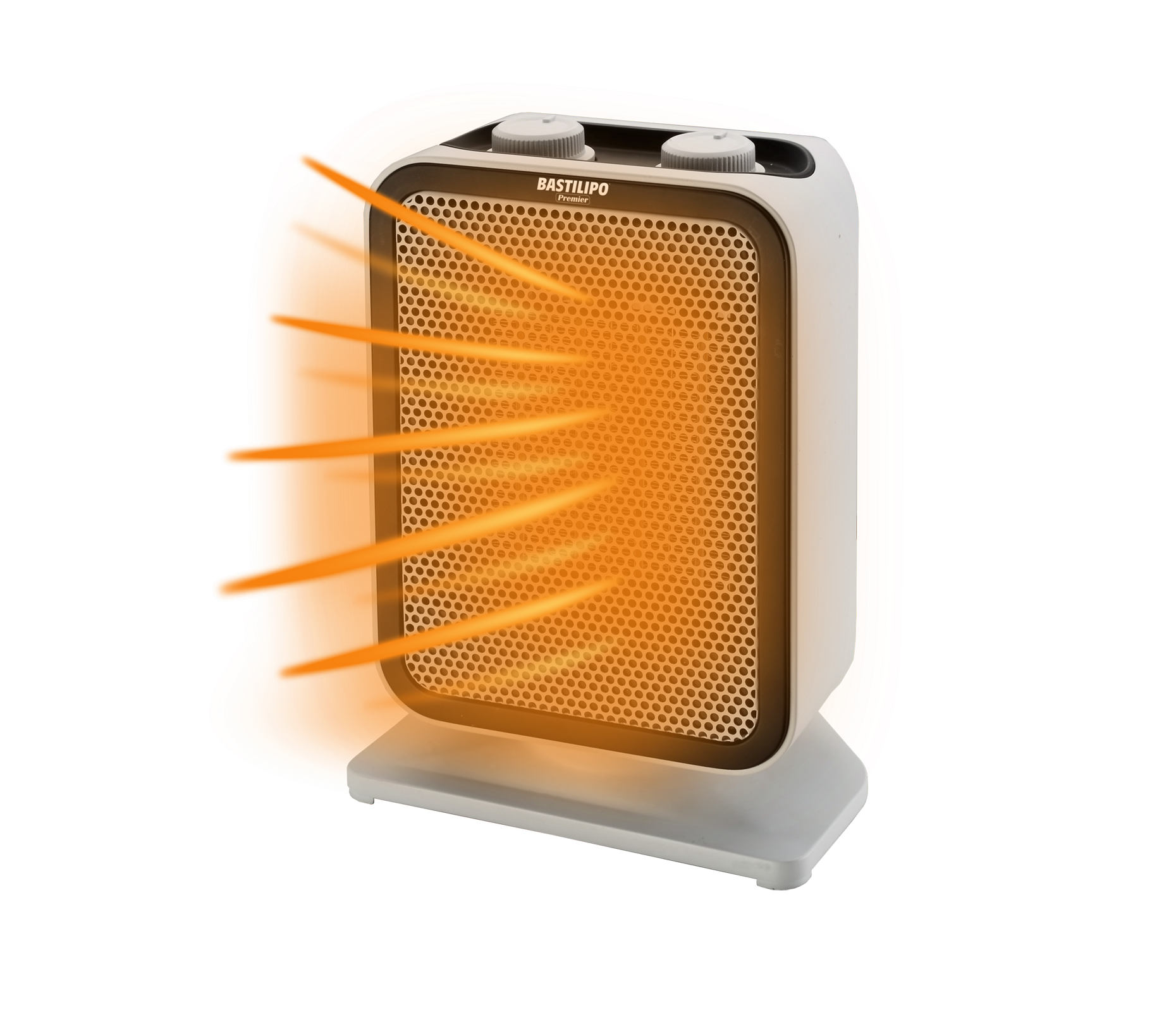 Calentador eléctrico blanco y gris con efecto calor naranja sobre fondo negro.