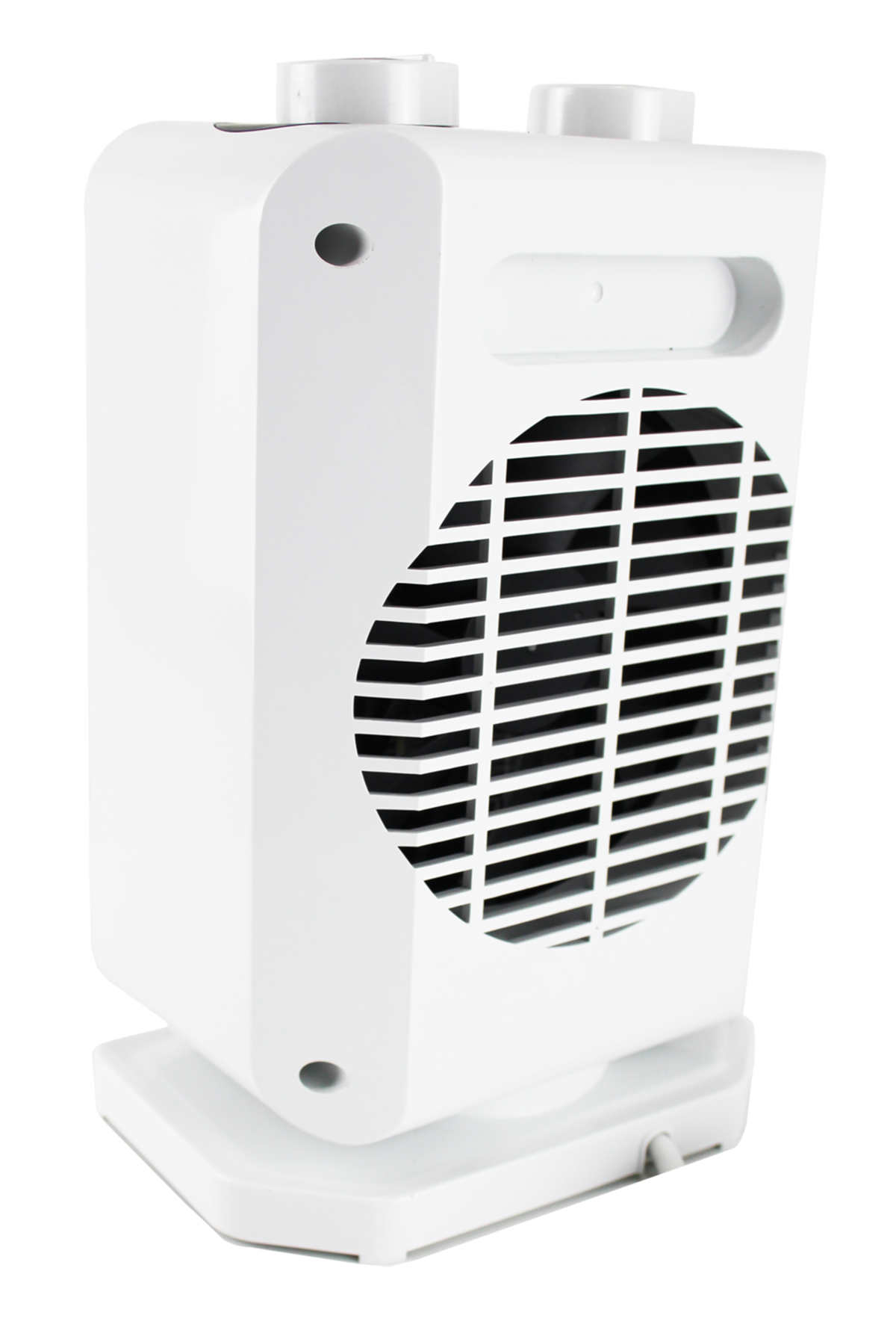 Calentador eléctrico blanco con rejilla en forma de ventilador y dos diales en la parte superior. La base también es blanca.