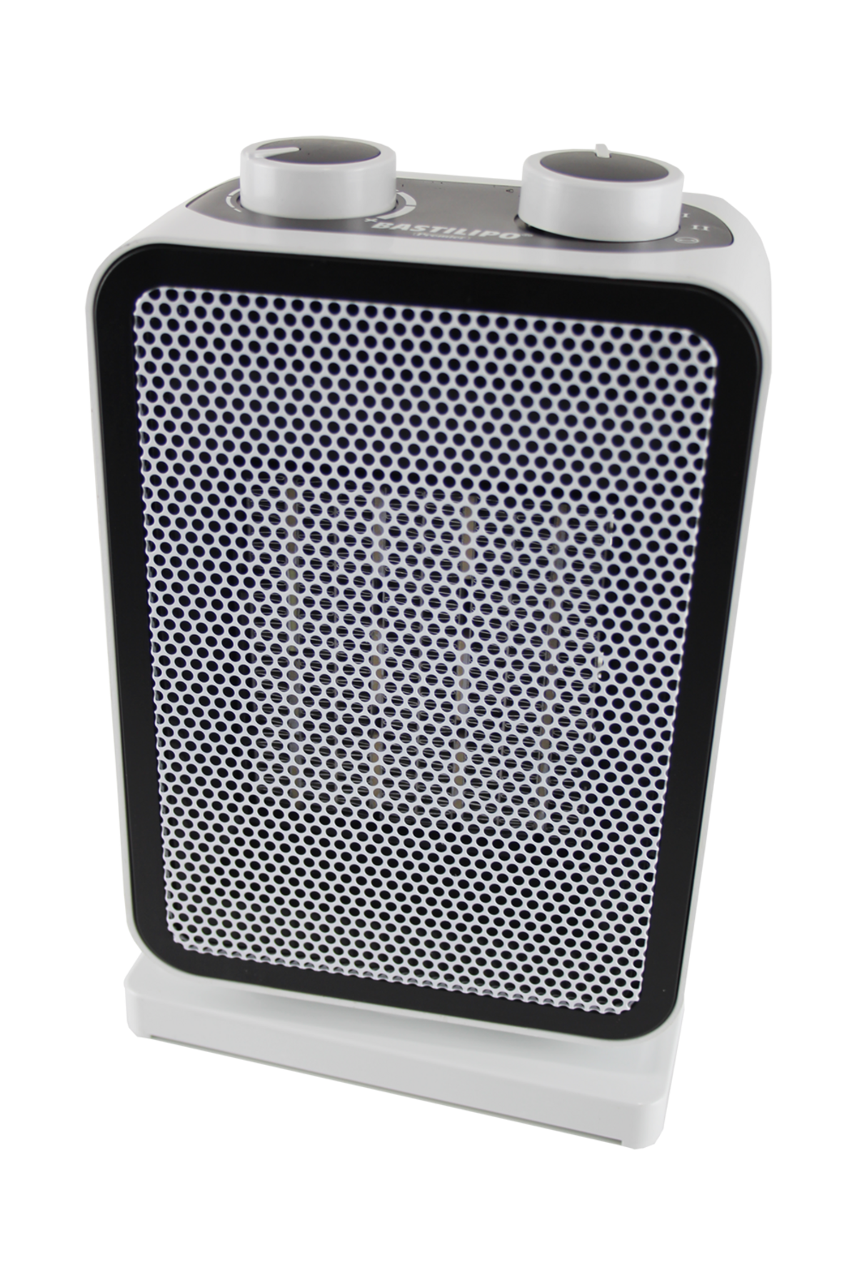Calentador eléctrico blanco y gris. Tiene una rejilla frontal, dos perillas superiores y fondo negro.