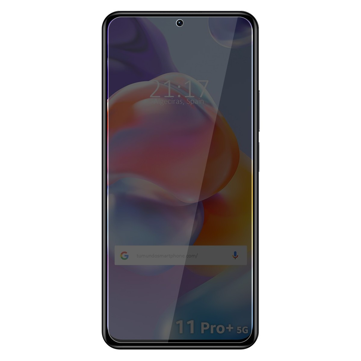 Telefono 11 Pro+ 5G con protezione schermo. Il telefono mostra l'ora. La protezione è sullo schermo e lo oscura.