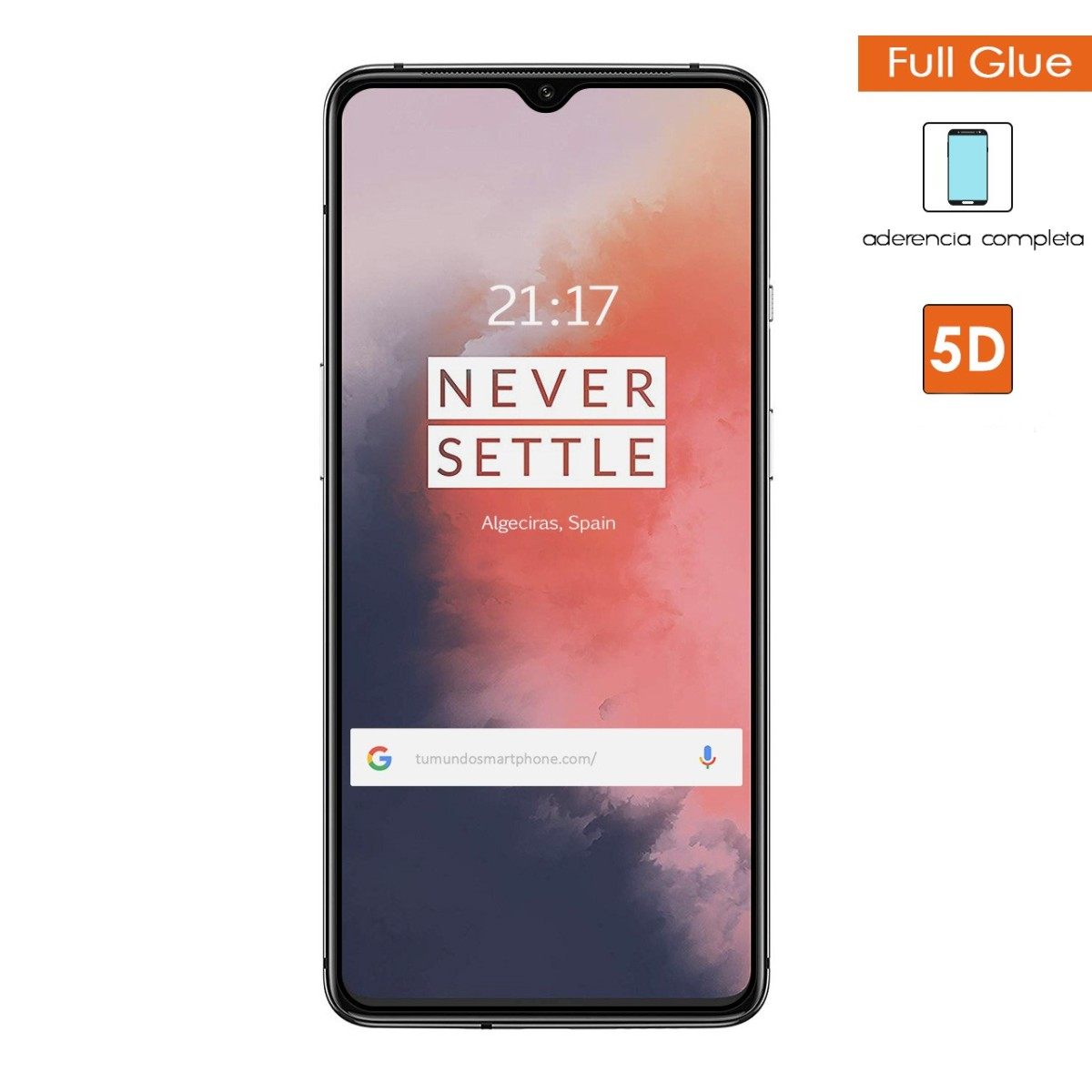 Smartphone mostrando texto. Incluye la hora. Vidrio protector y texto en la parte superior.