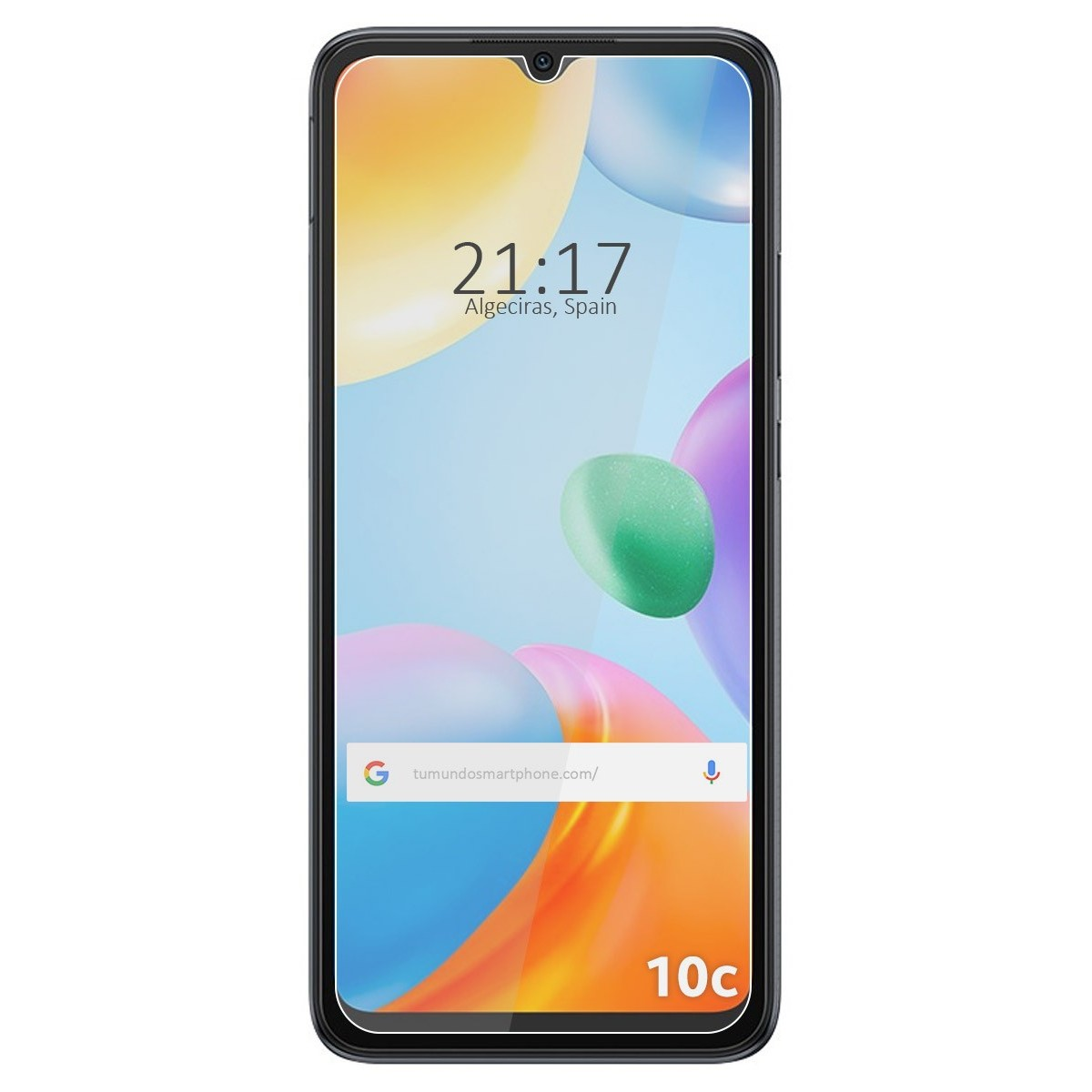 Uno smartphone mostra l'ora e una barra di ricerca Google, con forme astratte colorate. È etichettato 10c.