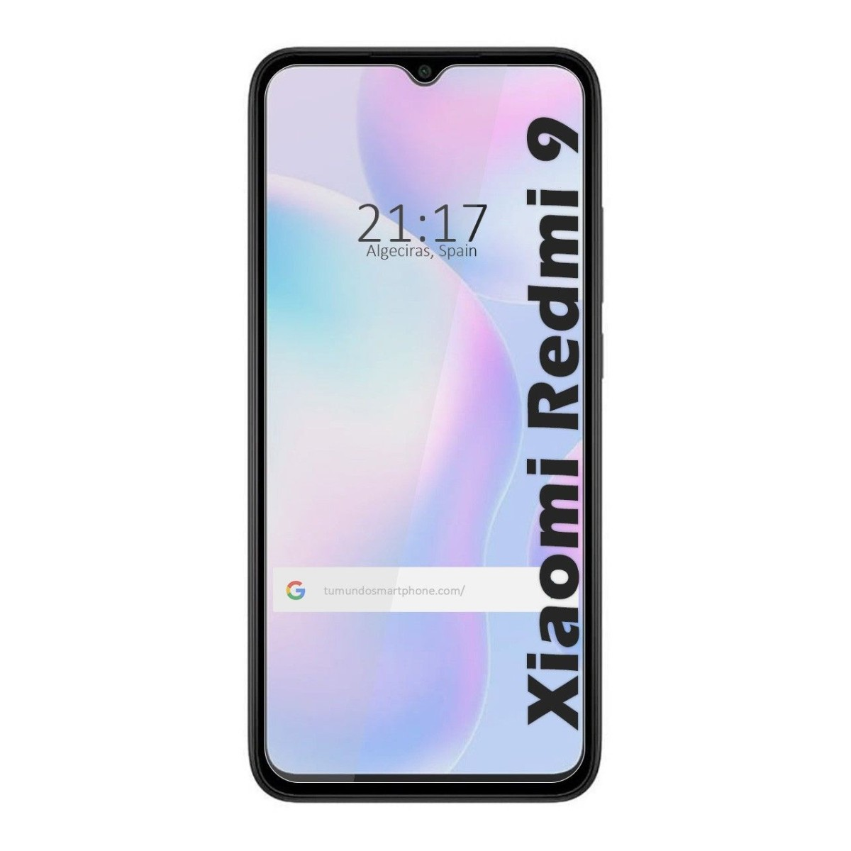Telefono Xiaomi Redmi 9 con ora e indirizzo del sito web visualizzati sullo schermo.