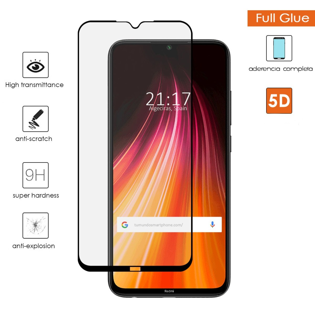 Smartphone con protezione schermo. Mostra ora e città. Funzionalità visibili.