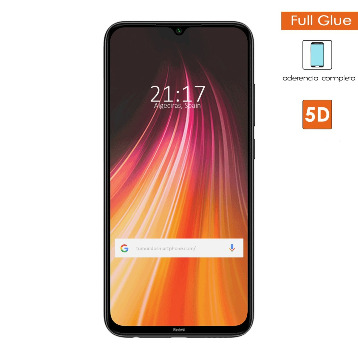Un telefono Redmi nero che mostra l'ora. Sfondo arancione sullo schermo. Testo: 'Full Glue' e '5D'.