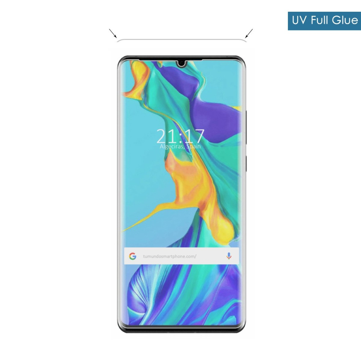 Smartphone mostrando la hora y barra de búsqueda. El teléfono es negro con protector, muestra arte abstracto.