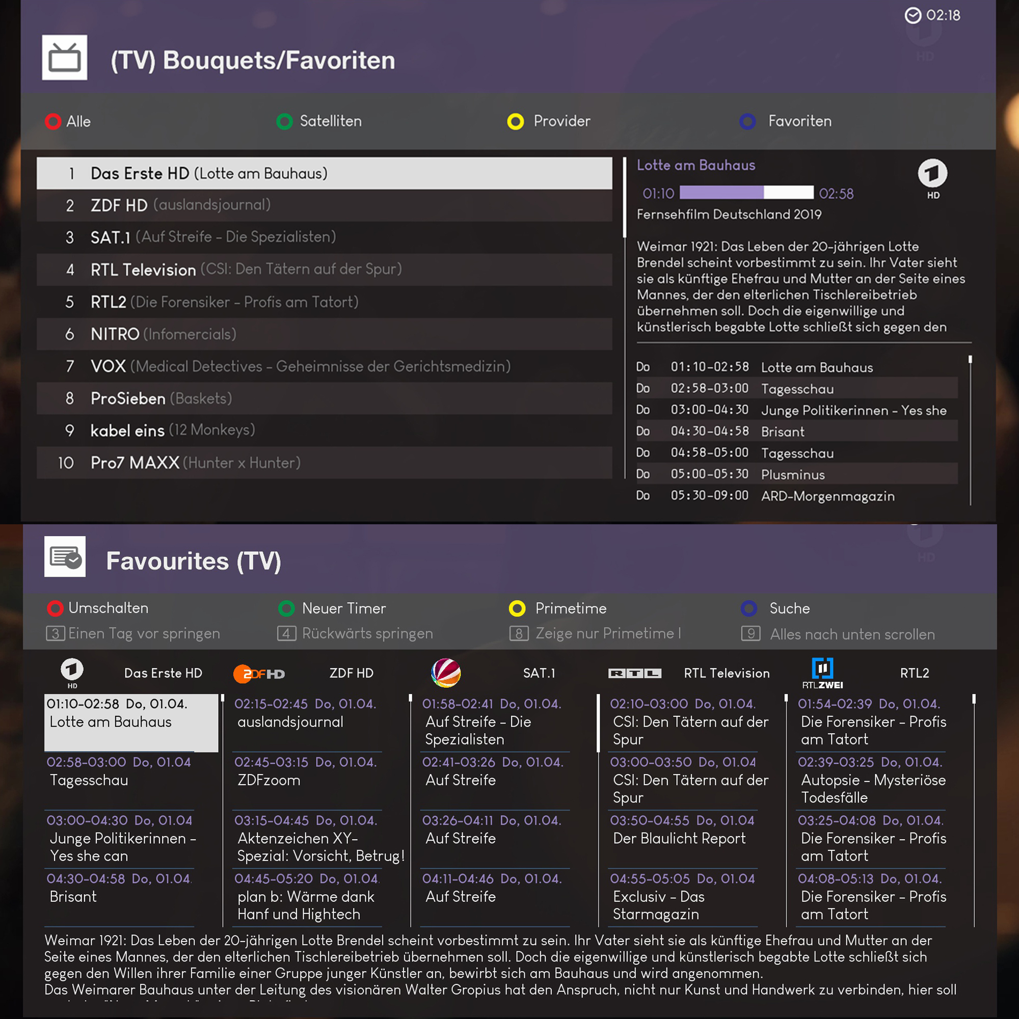 TV-Guide-Bildschirm mit mehreren Programmlisten und Details, Text auf Deutsch.