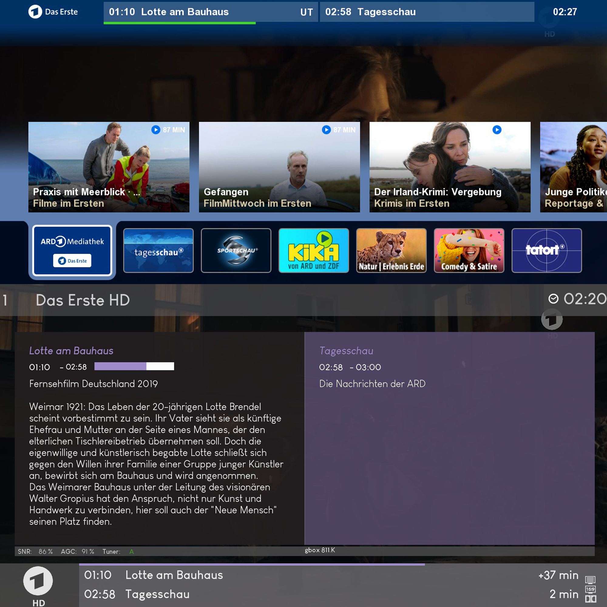Ein Fernsehbildschirm mit Nachrichten und Programmen. Mehrere Programm-Miniaturansichten sind mit Text sichtbar.