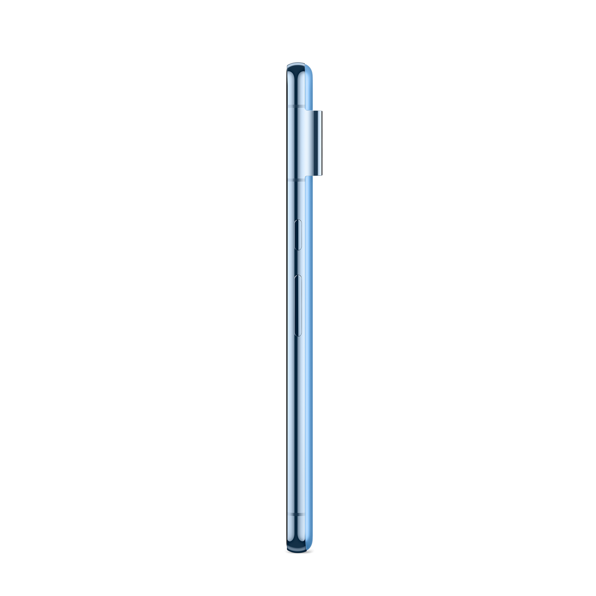 Widok z boku jasnoniebieskiego smartfona, z czarnym tłem. Widoczne przyciski i aparat.