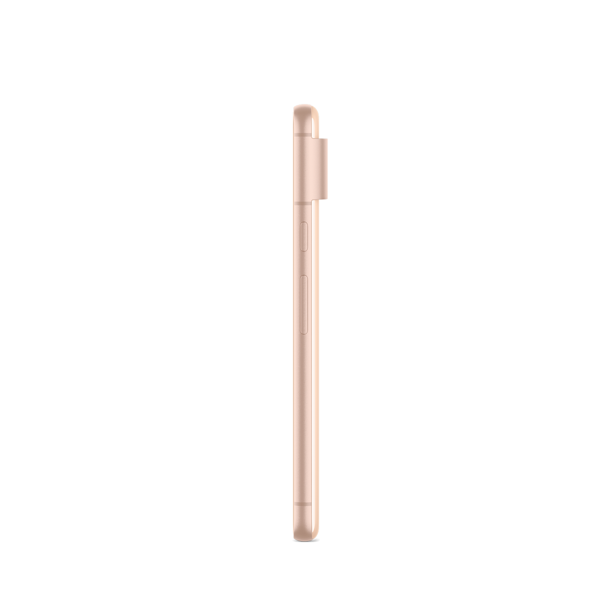 Widok z boku smartfona w kolorze różowego złota, na czarnym tle, smukły design.