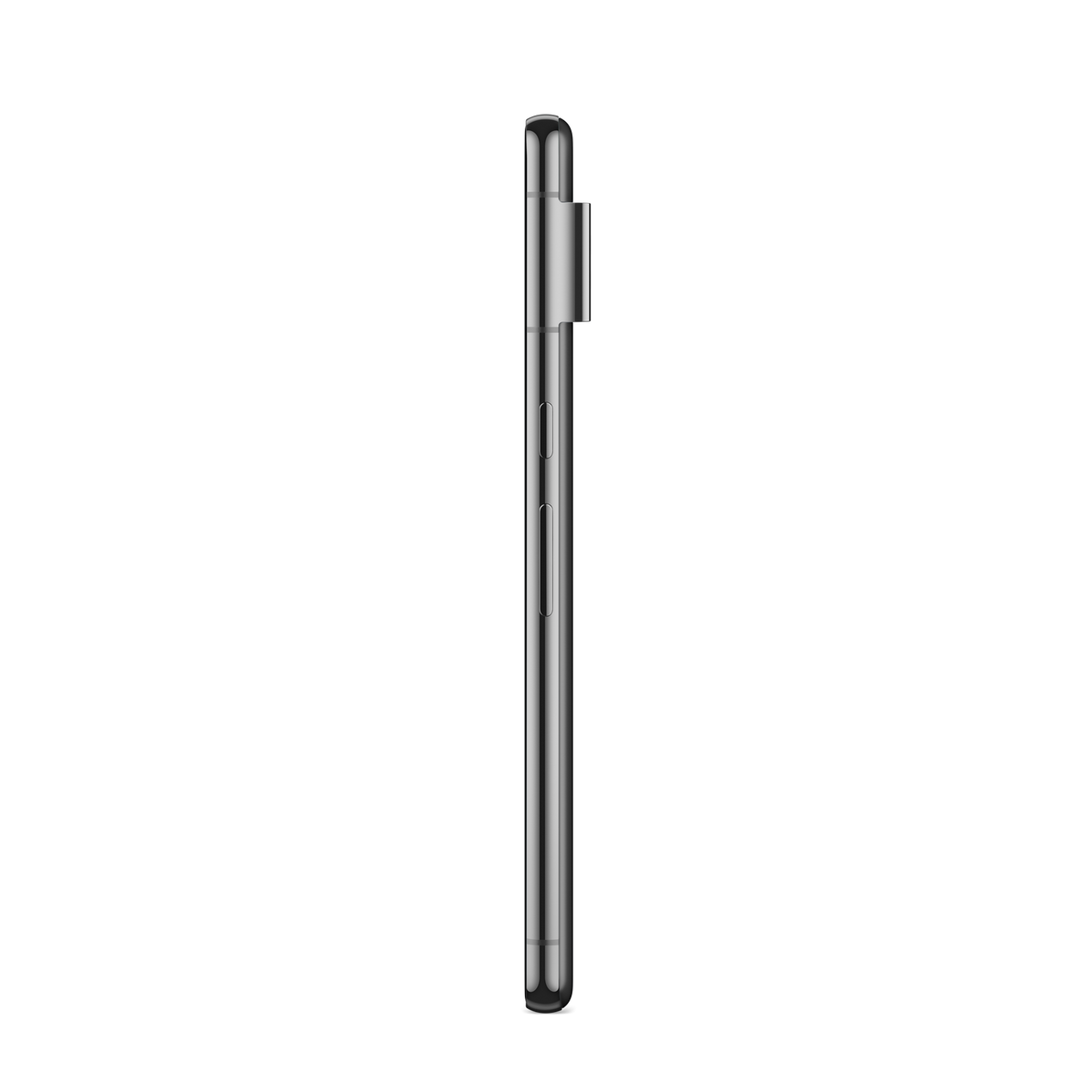 Widok z boku srebrnego smartfona. Telefon znajduje się na czarnym tle.