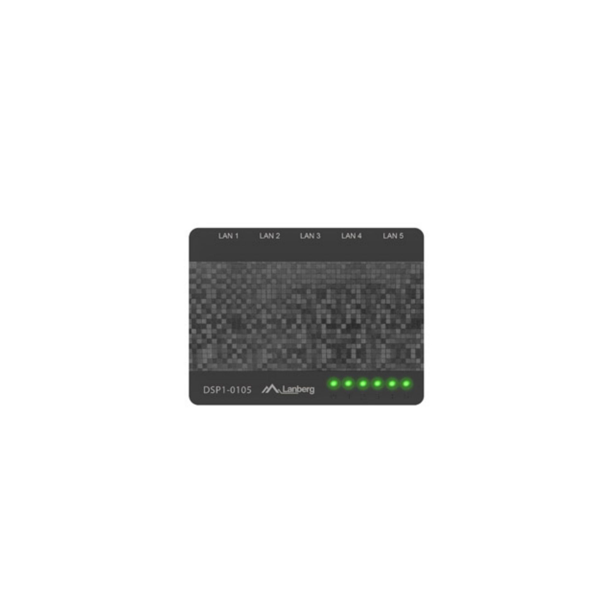 Mały przełącznik sieciowy z zielonymi światłami i czarno-szarym designem.